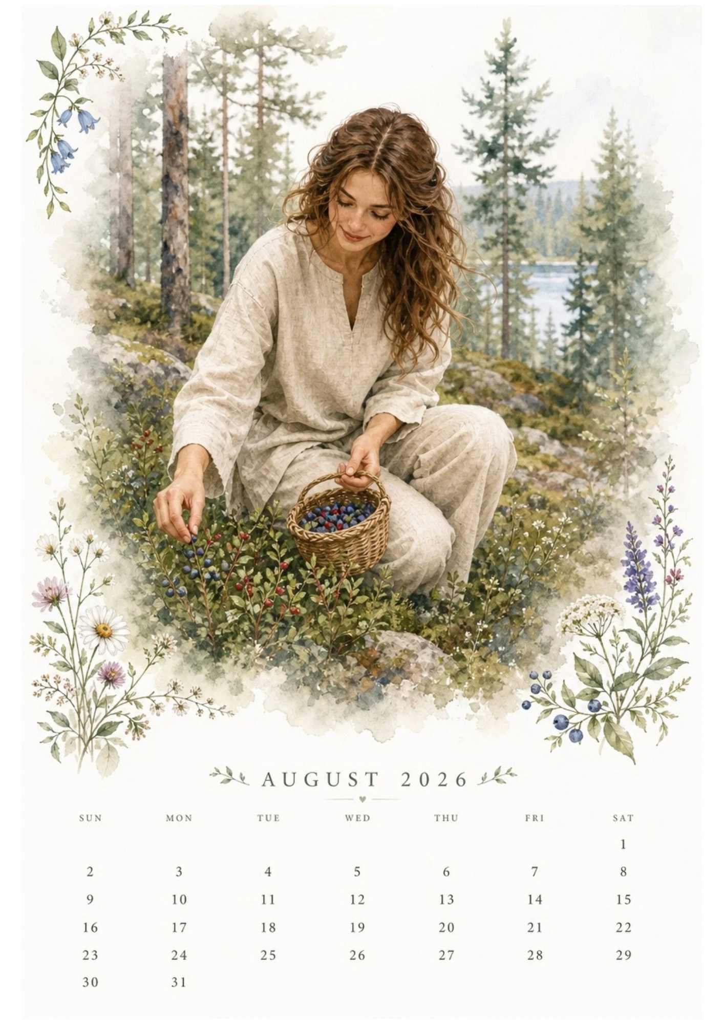 Watercolor illustration of a woman gathering wild blueberries into a basket in a quiet evergreen forest for an August 2026 calendar.