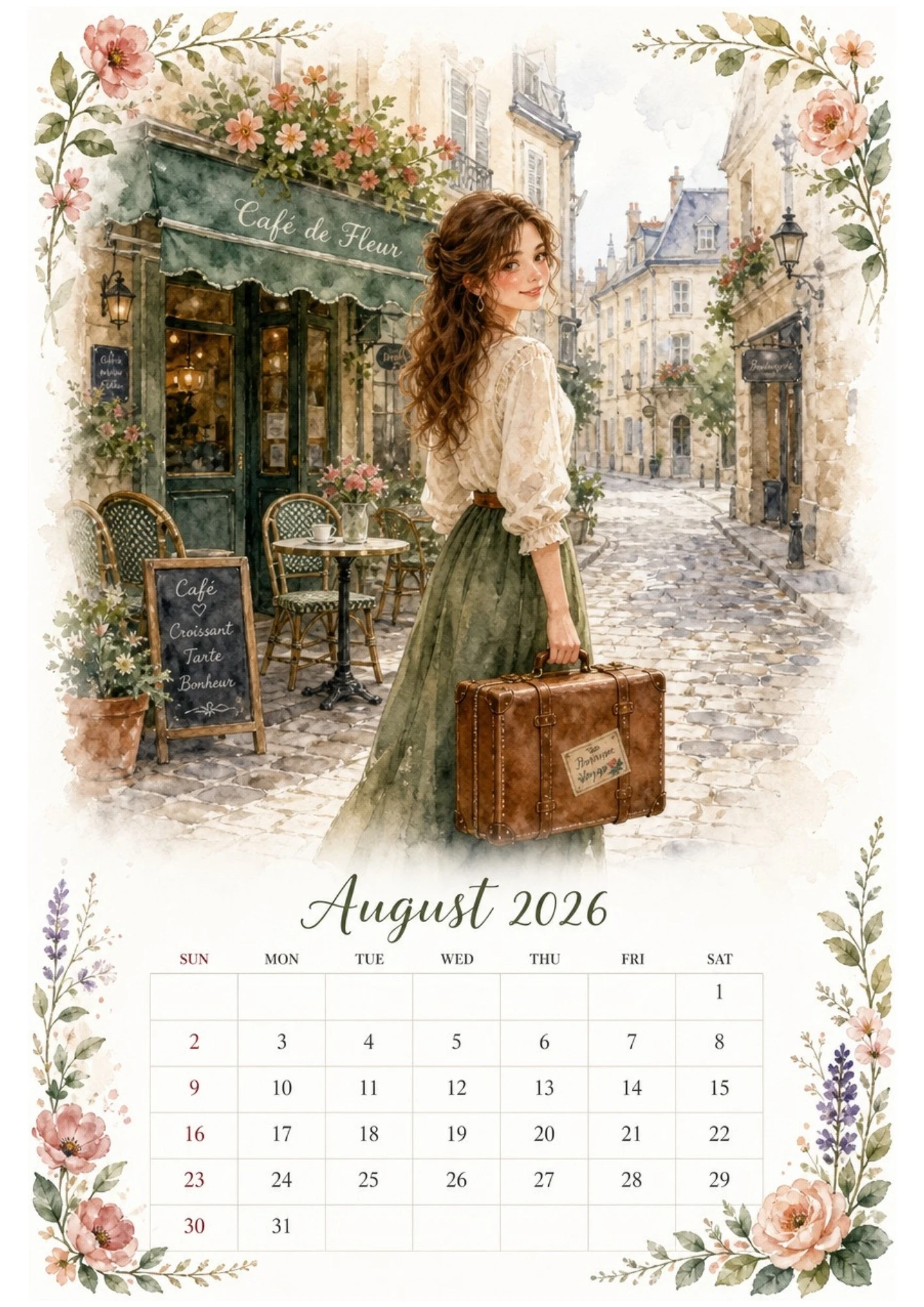 Watercolor illustration of a woman carrying a vintage suitcase past a Parisian cafe called Cafe de Fleur for an August 2026 calendar.