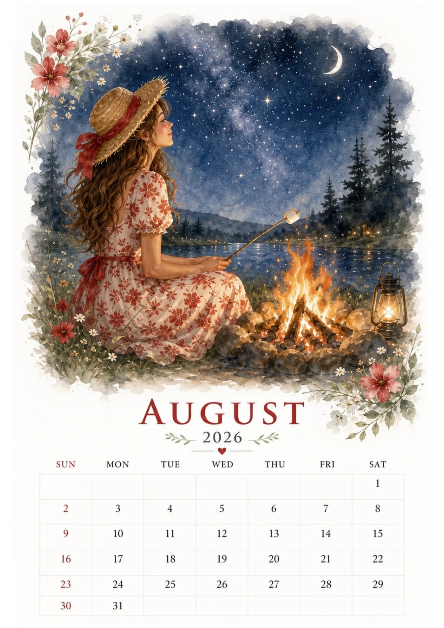 Watercolor illustration of a woman roasting a marshmallow at a campfire next to a lake, without watermarks, for an August 2026 calendar.