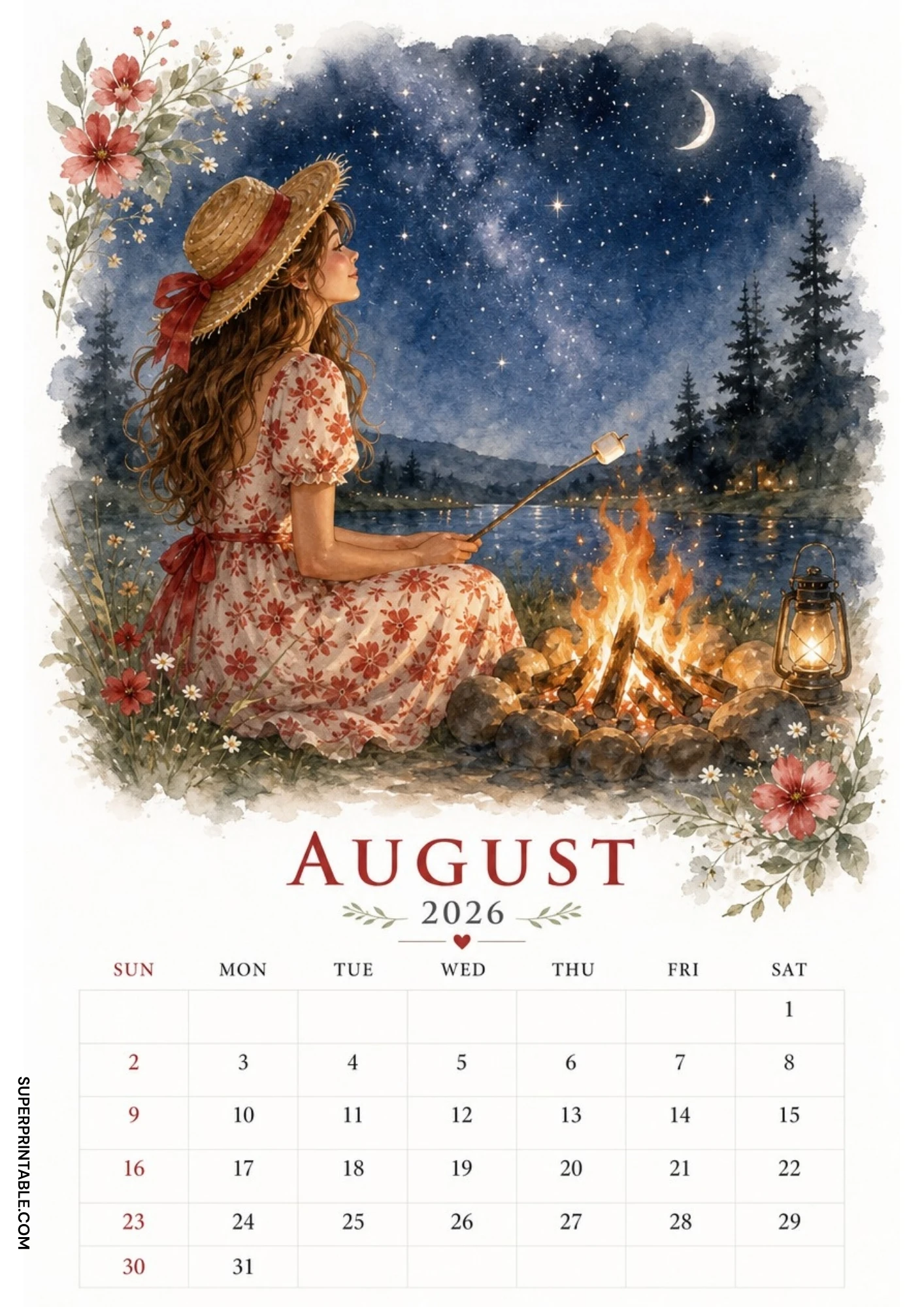 Watercolor illustration of a woman sitting by a glowing campfire next to a lake, roasting a marshmallow under a starry sky for an August 2026 calendar.