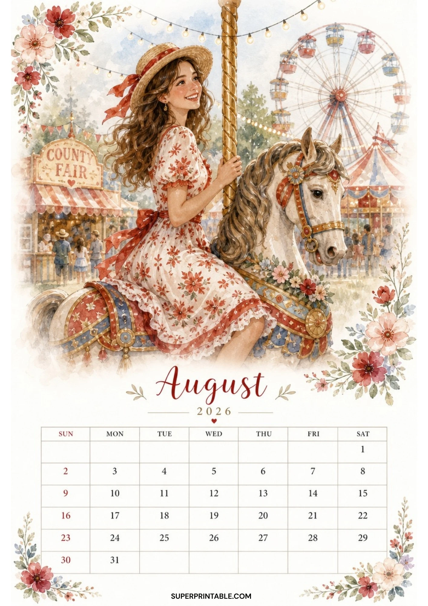 Watercolor illustration of a woman riding a decorated carousel horse at a county fair with a Ferris wheel in the background for an August 2026 calendar.