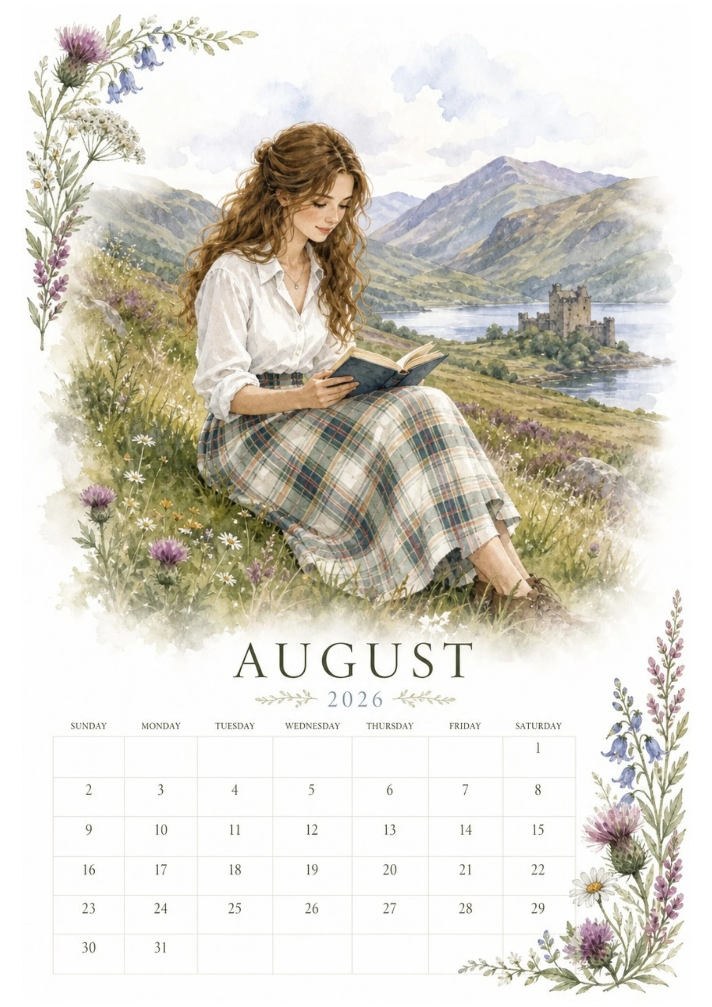 Watercolor illustration of a woman sitting on a grassy hilltop reading a book with a historic stone castle and lake in the background for an August 2026 calendar.