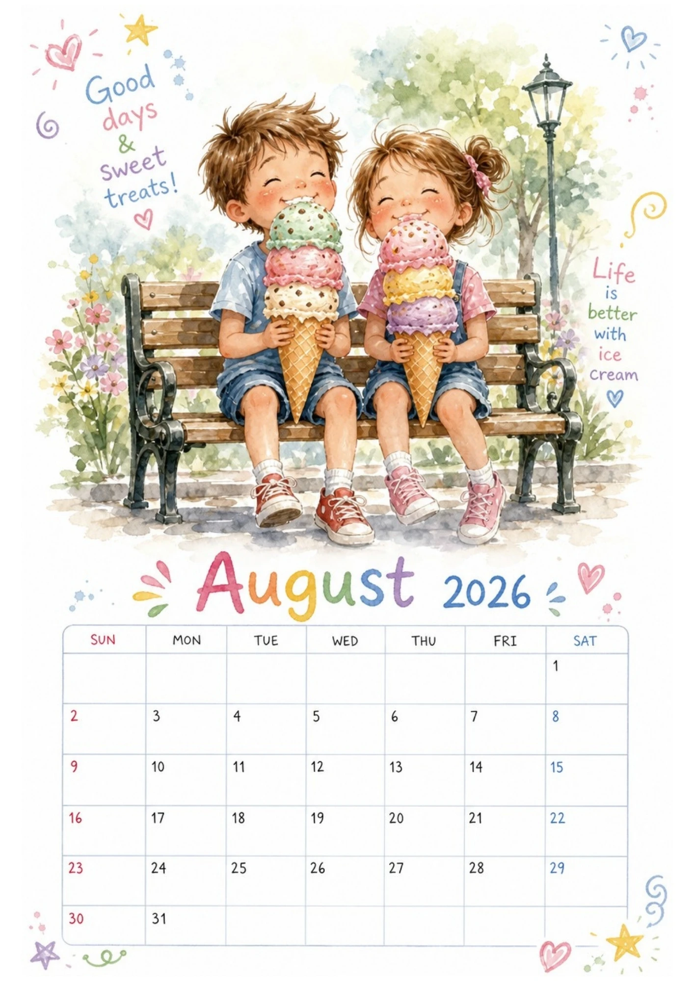 Watercolor illustration of a young boy and girl sitting on a park bench eating giant ice cream cones for an August 2026 calendar.