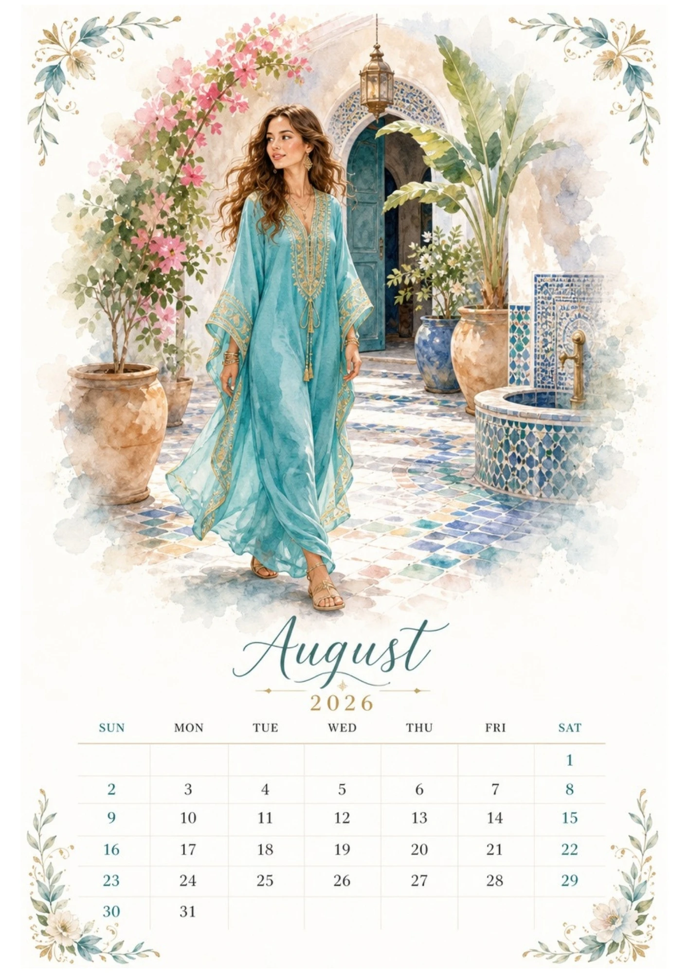 Watercolor illustration of a woman walking barefoot in a blue dress through a tiled Moroccan courtyard with a central fountain pool for an August 2026 calendar.