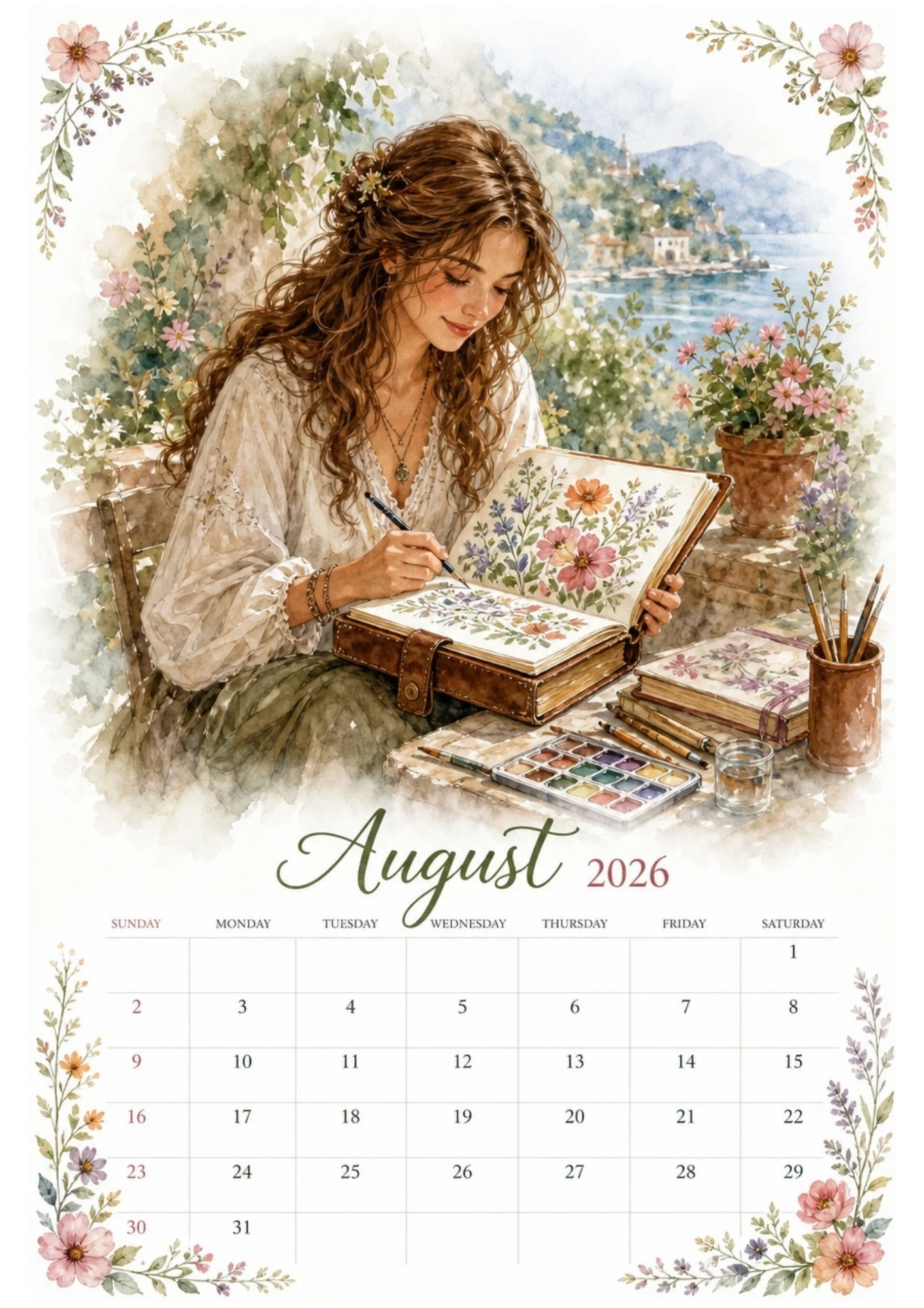 Watercolor illustration of a woman drawing and painting with watercolors in her sketchbook outdoors, surrounded by flowers for an August 2026 calendar.