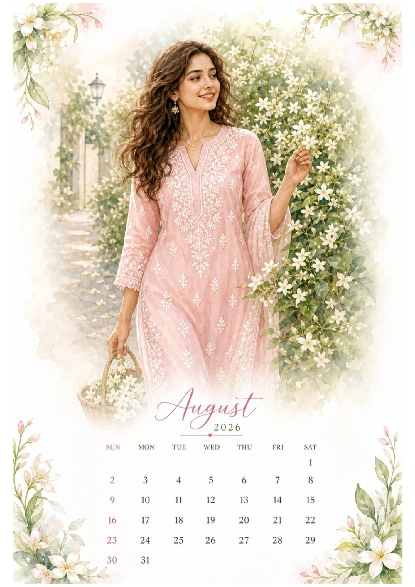 Watercolor illustration of a woman in a pink dress walking down a pathway bordered by blooming white rose bushes for an August 2026 calendar.