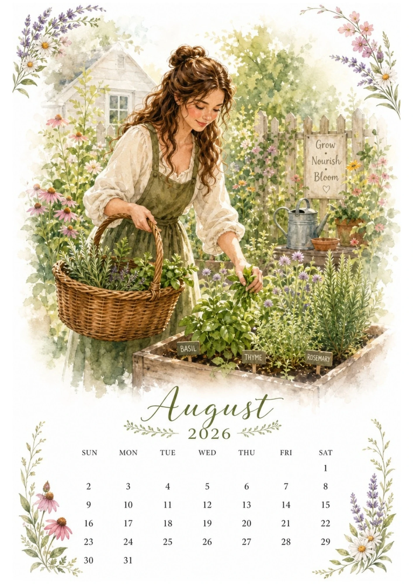Watercolor illustration of a woman tending to a raised herb garden planter box with basil and thyme for an August 2026 calendar.