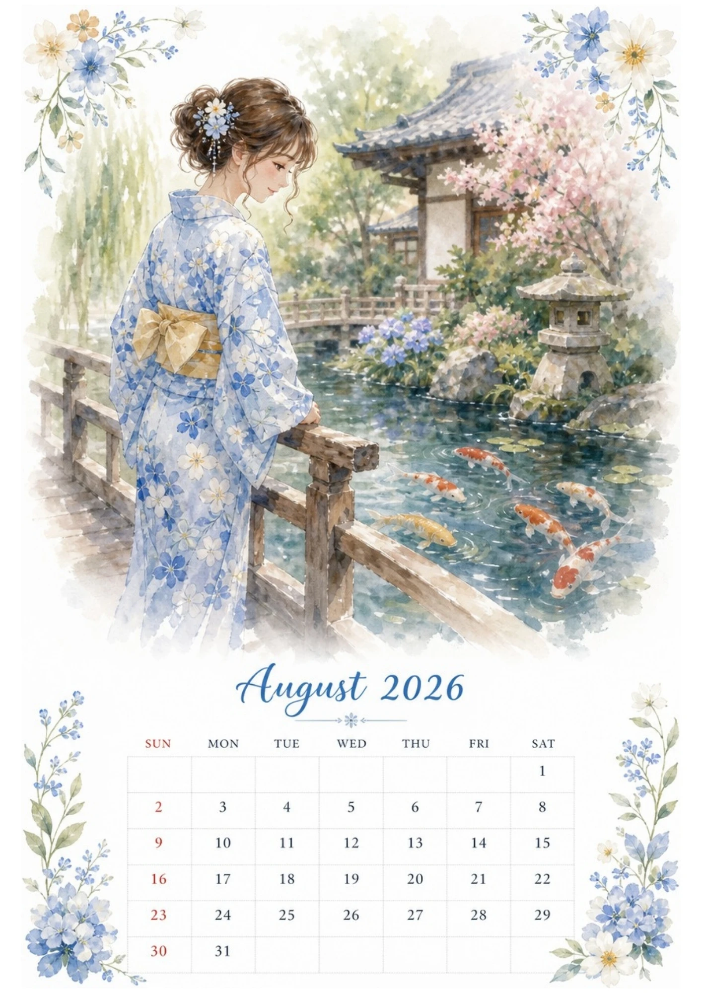 Watercolor illustration of a woman in a blue kimono standing next to a traditional stone lantern in a Japanese garden for an August 2026 calendar.