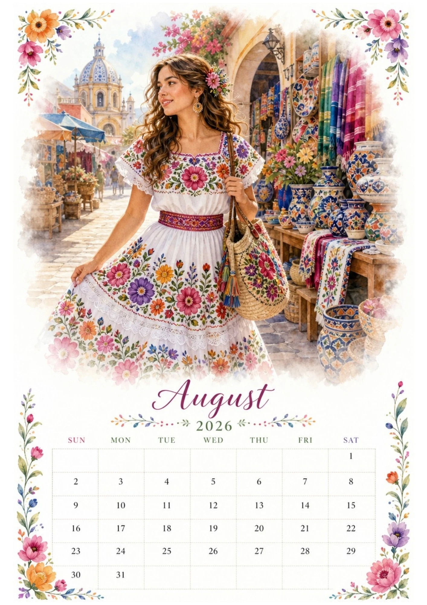 Watercolor illustration of a woman in an embroidered dress viewing colorful woven blankets at a market in Mexico for an August 2026 calendar.