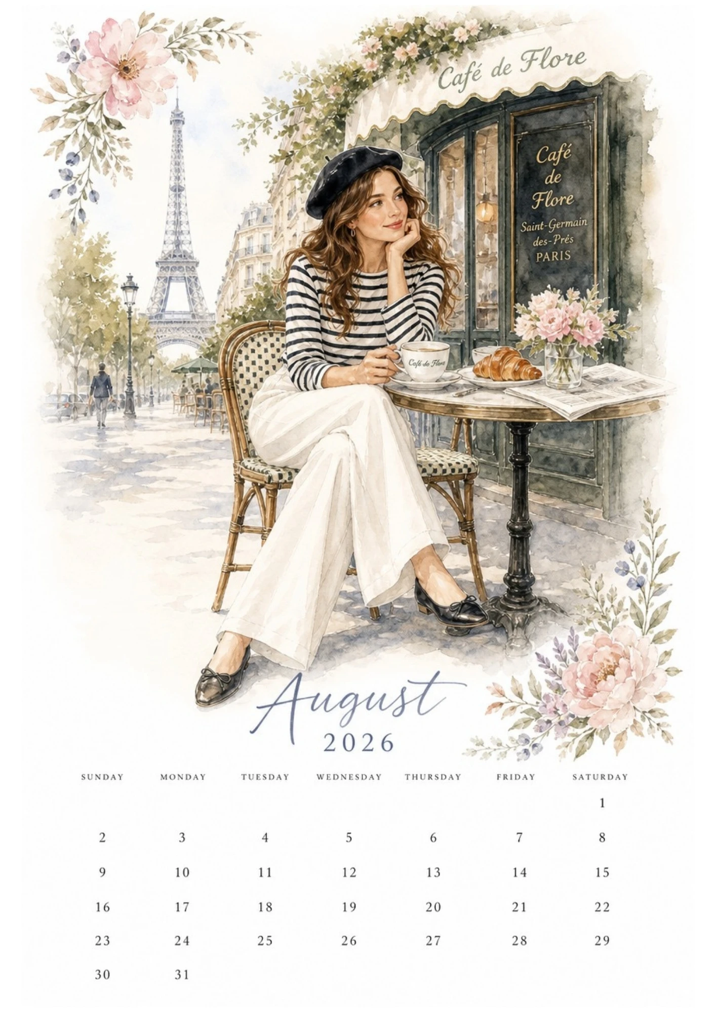 Watercolor illustration of a woman sitting at a Parisian street cafe table with a croissant, overlooking the Eiffel Tower for an August 2026 calendar.