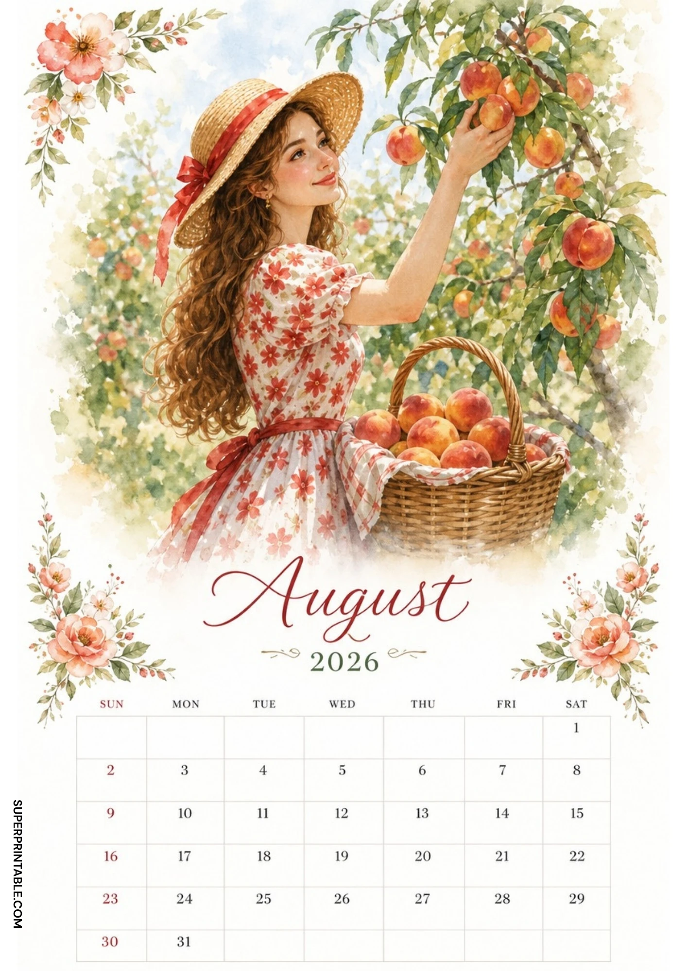 Watercolor illustration of a woman picking ripe peaches from a tree branch into a woven basket for an August 2026 calendar.
