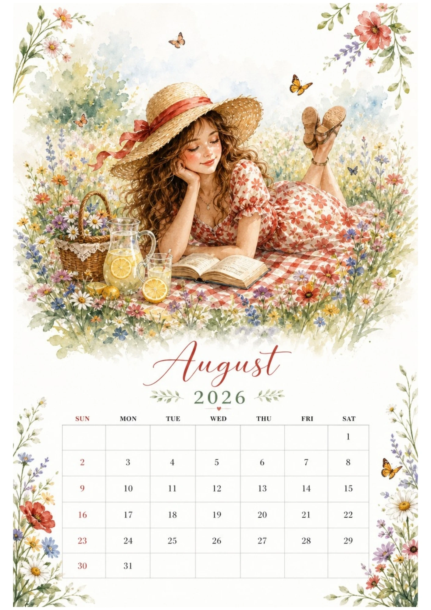 Watercolor illustration of a woman in a straw hat reading a book on a picnic blanket in a wildflower meadow, without watermarks, for an August 2026 calendar.
