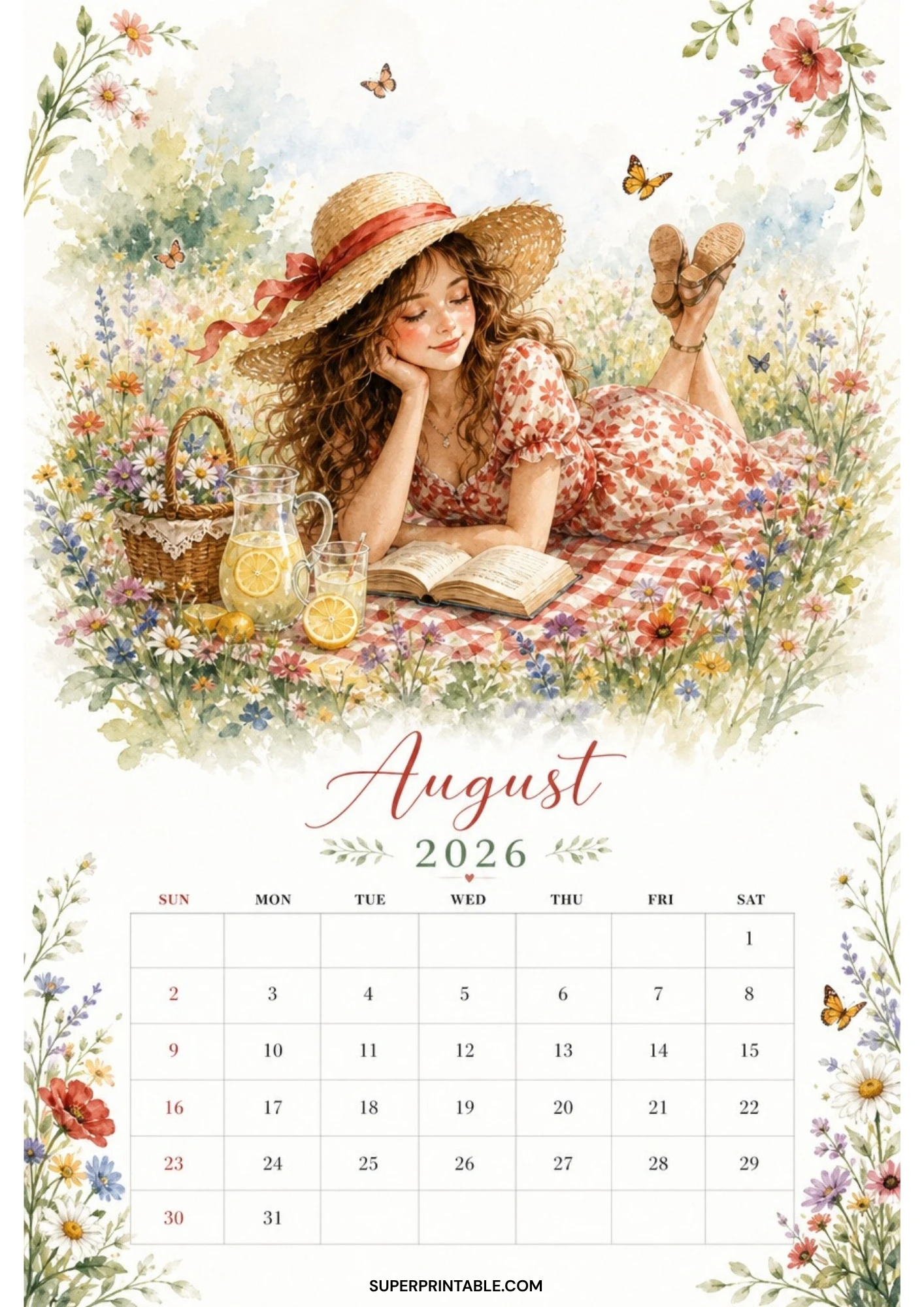 Watercolor illustration of a woman in a straw hat and floral dress reading a book on a picnic blanket in a wildflower meadow for an August 2026 calendar.