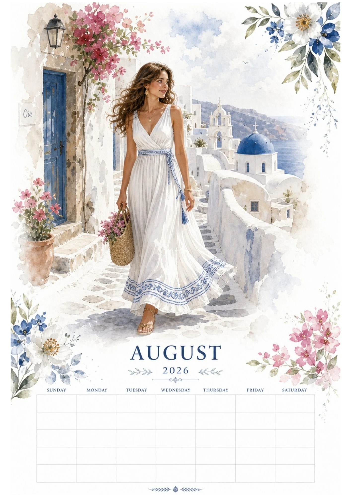 Watercolor illustration of a woman walking in a white dress along a pathway in Santorini overlooking blue domes and the sea for an August 2026 calendar.