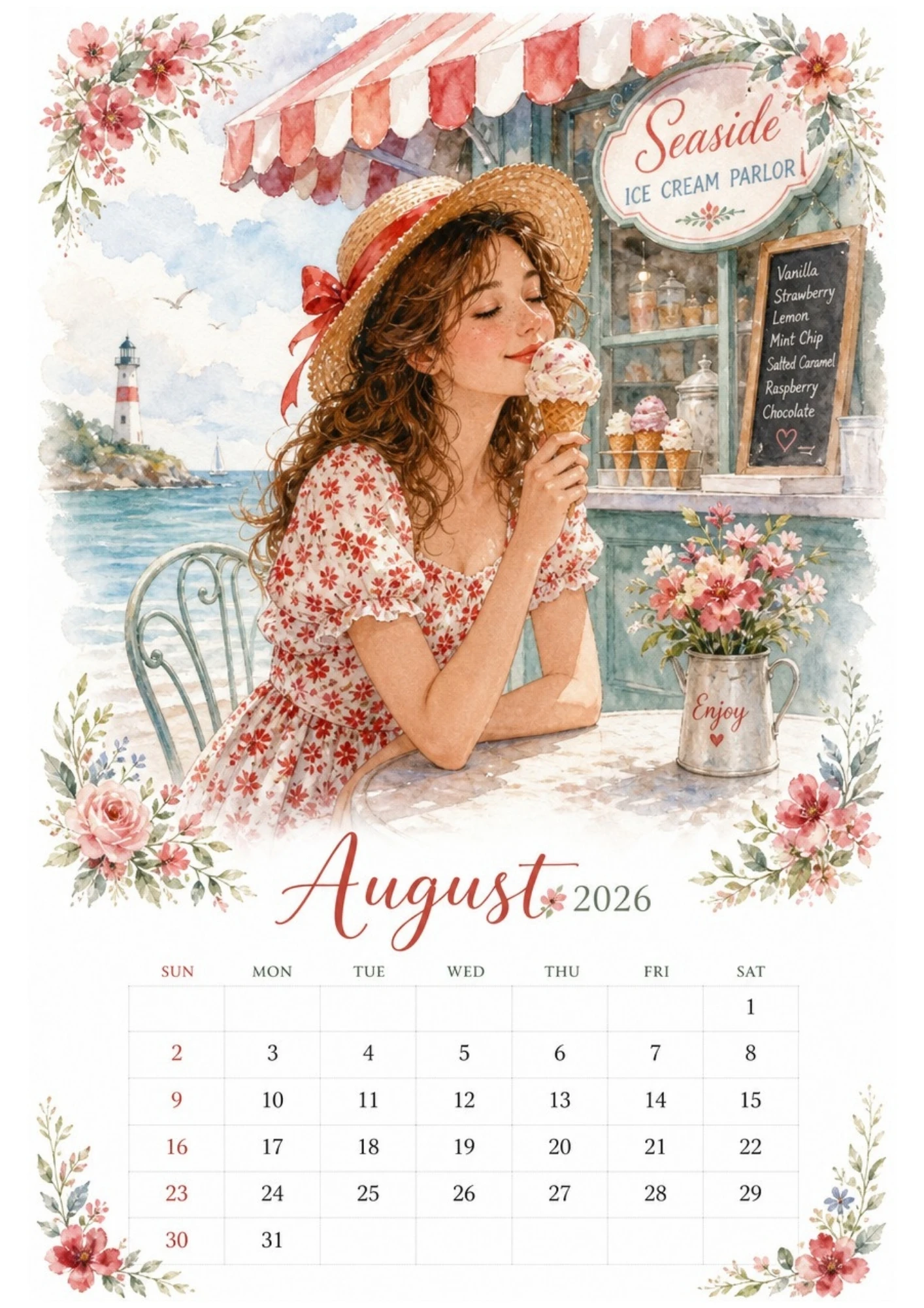 Watercolor illustration of a woman holding an ice cream cone at a seaside shop, without watermarks, for an August 2026 calendar.