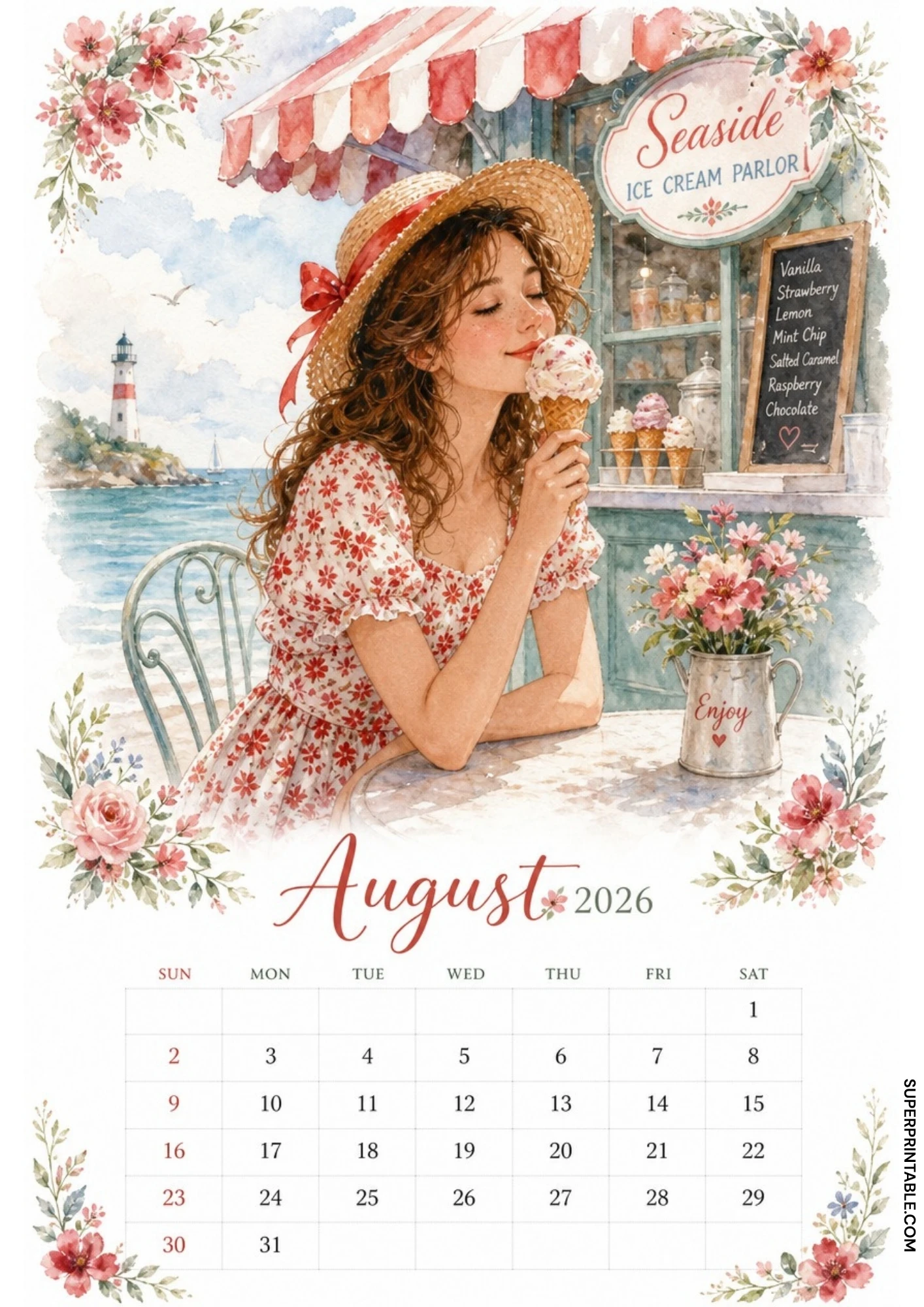 Watercolor illustration of a woman holding a double scoop ice cream cone next to a seaside ice cream parlor for an August 2026 calendar.