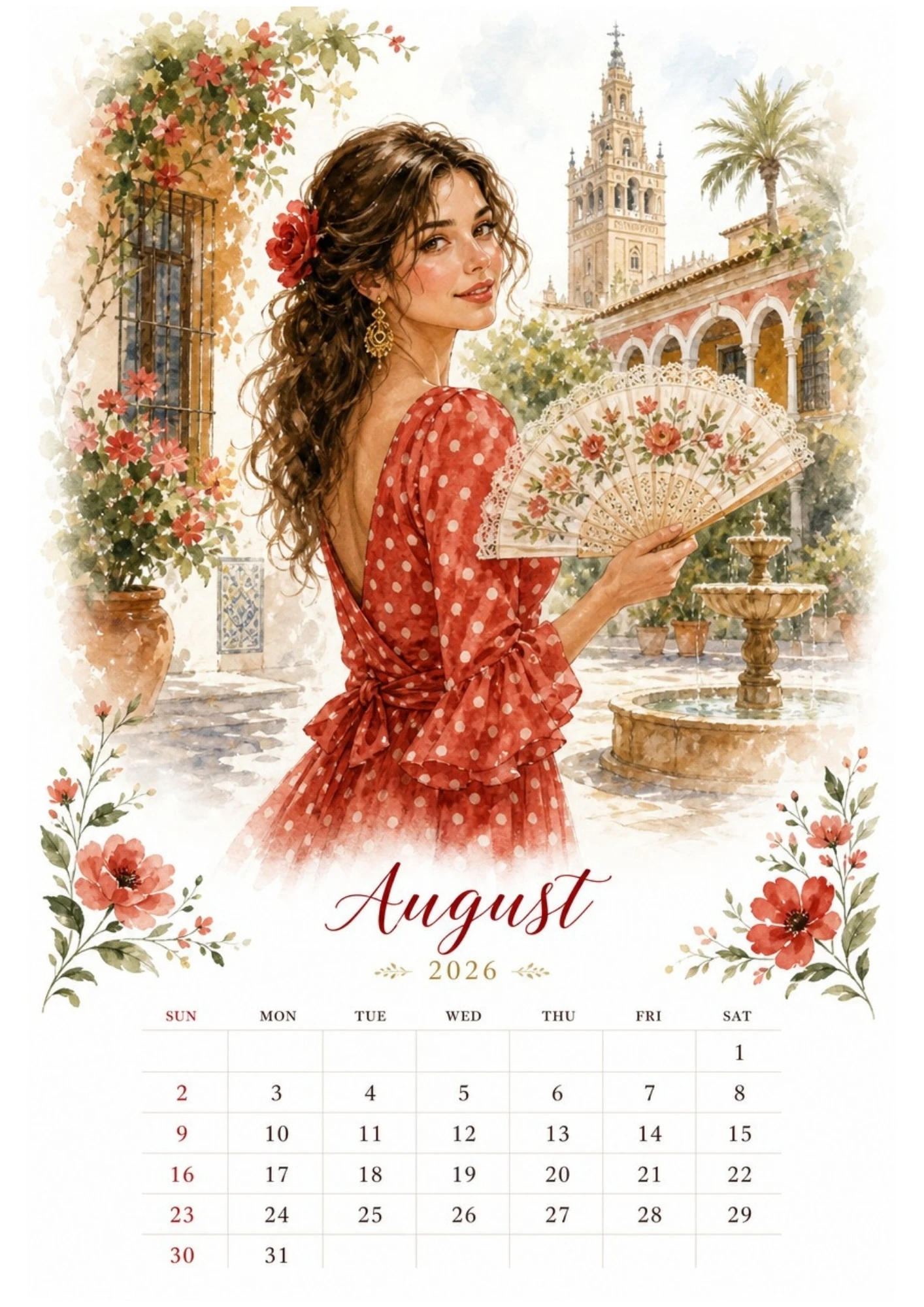Watercolor illustration of a woman in a red ruffled dress holding a decorative lace fan in front of a Spanish tower in Seville for an August 2026 calendar.