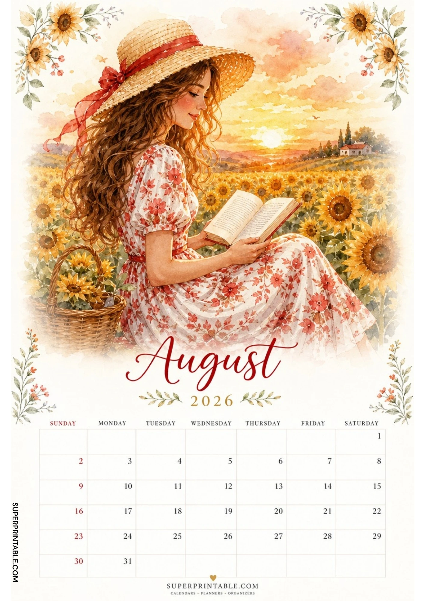 Watercolor illustration of a woman in a floral dress sitting in a field of blooming sunflowers and reading a book for an August 2026 calendar.