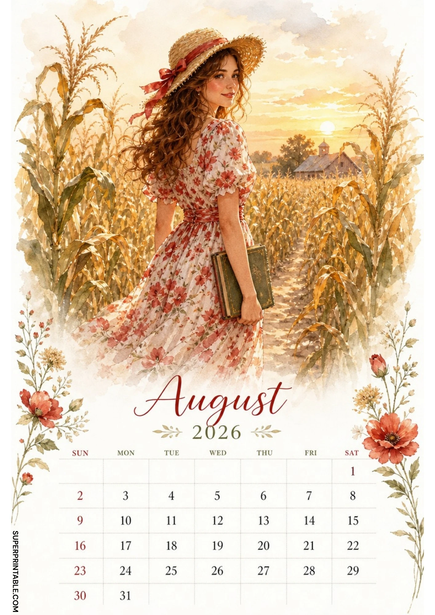 Watercolor illustration of a woman holding a journal, walking down a dirt path through a golden wheat field at sunset for an August 2026 calendar.
