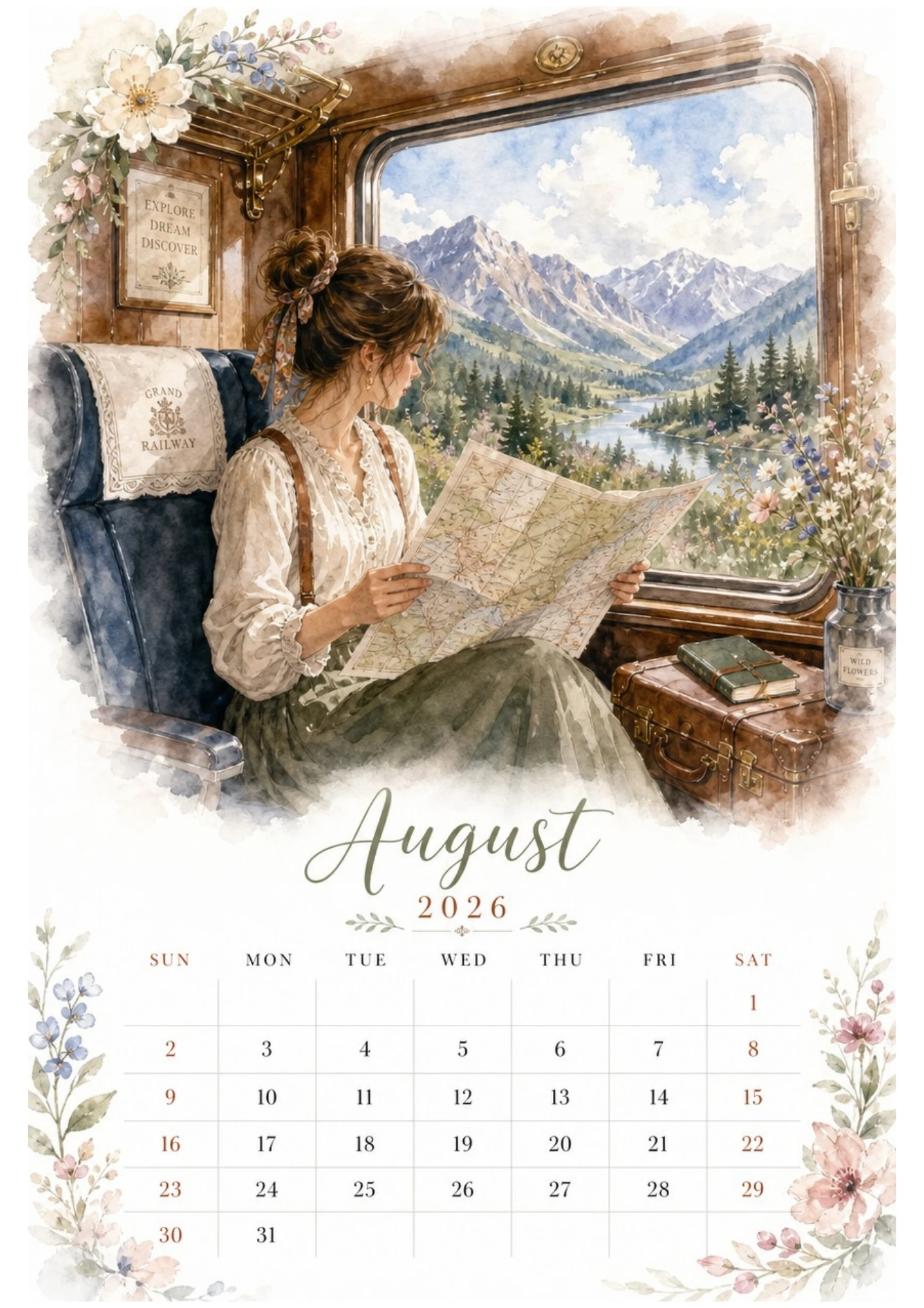 Watercolor illustration of a woman looking out of a vintage train window at snow-capped mountains and evergreen trees for an August 2026 calendar.