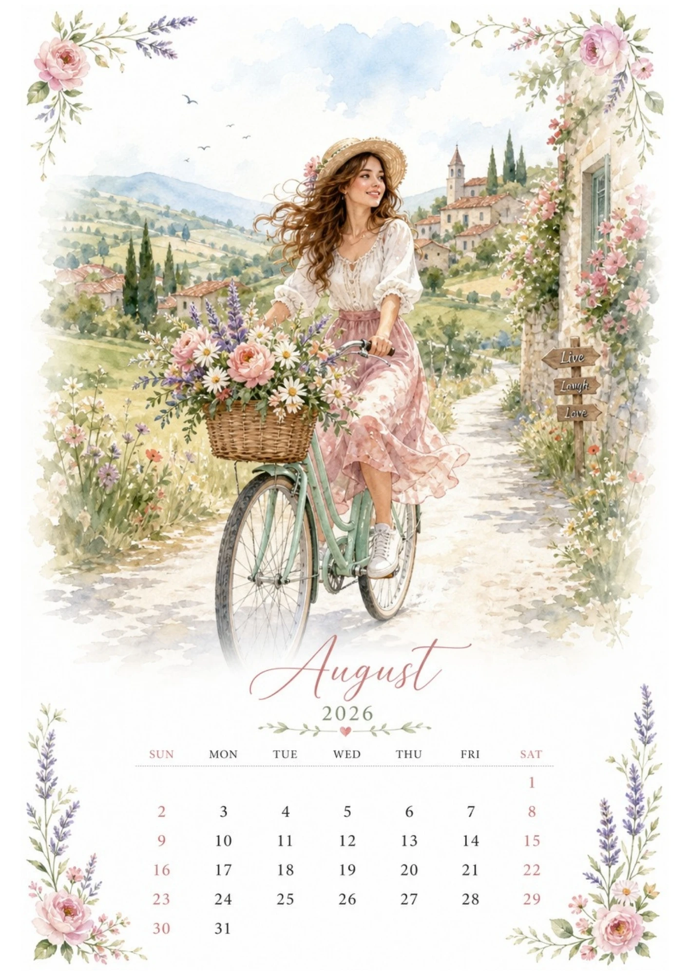 Watercolor illustration of a woman riding a green vintage bicycle with a basket of fresh flowers through a scenic village street for an August 2026 calendar.