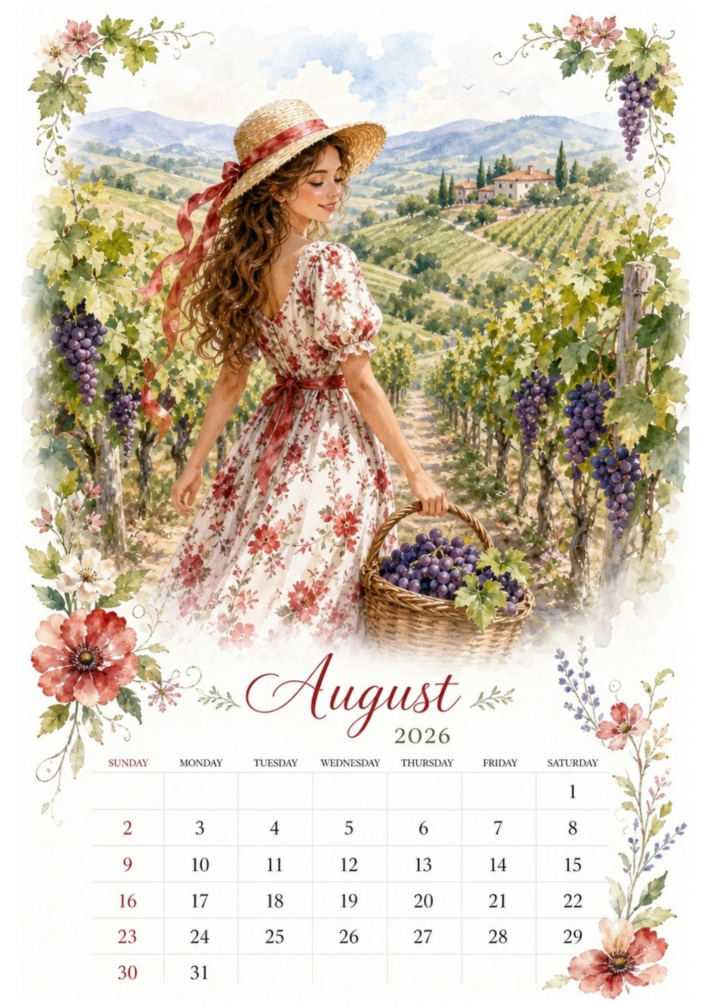 Watercolor illustration of a woman harvesting grapes in a vineyard, without watermarks, for an August 2026 calendar.