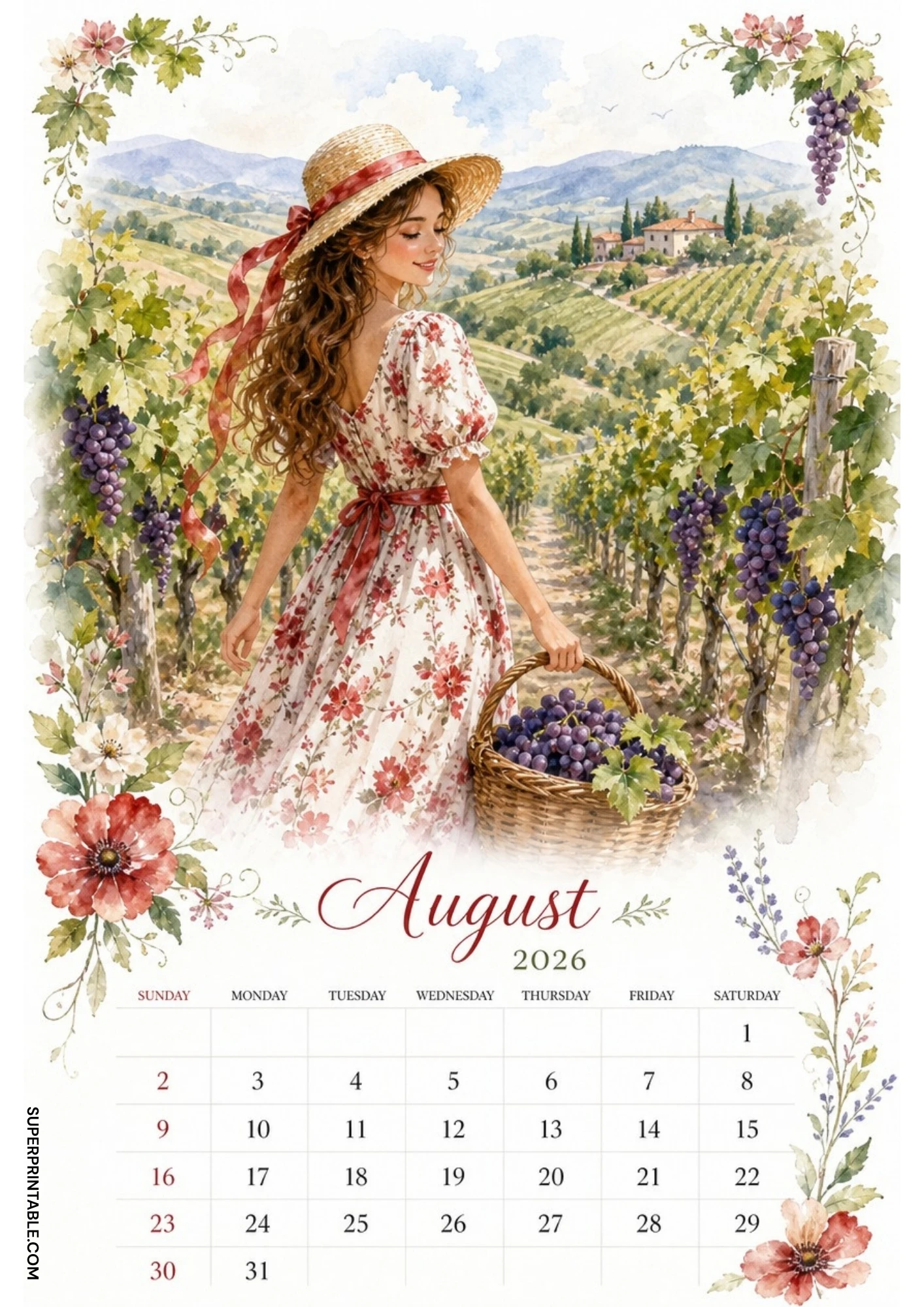 Watercolor illustration of a woman picking purple grapes into a basket in a lush vineyard with rolling hills for an August 2026 calendar.