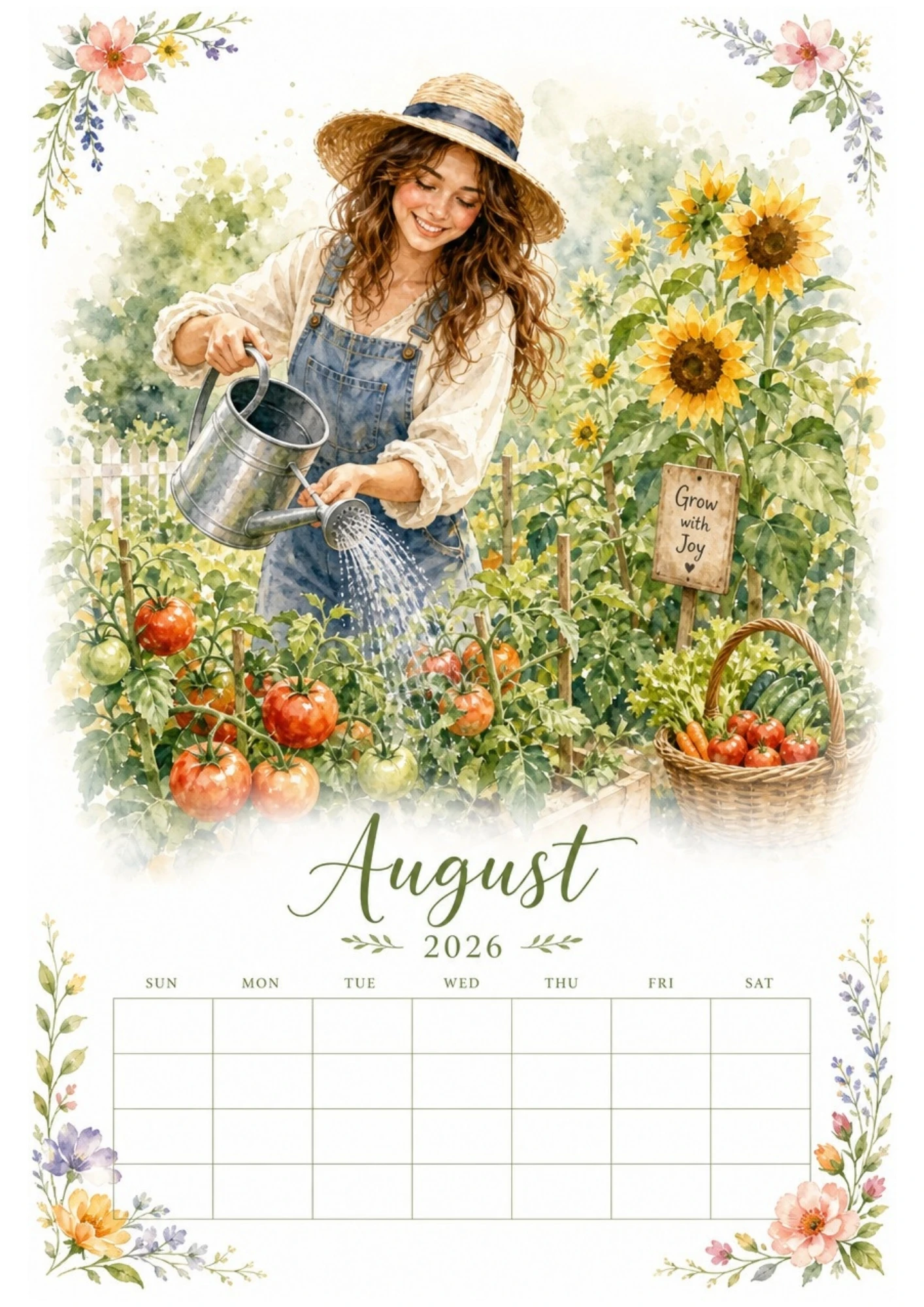 Watercolor illustration of a woman in denim overalls watering red tomatoes in a backyard garden with a metal watering can for an August 2026 calendar.