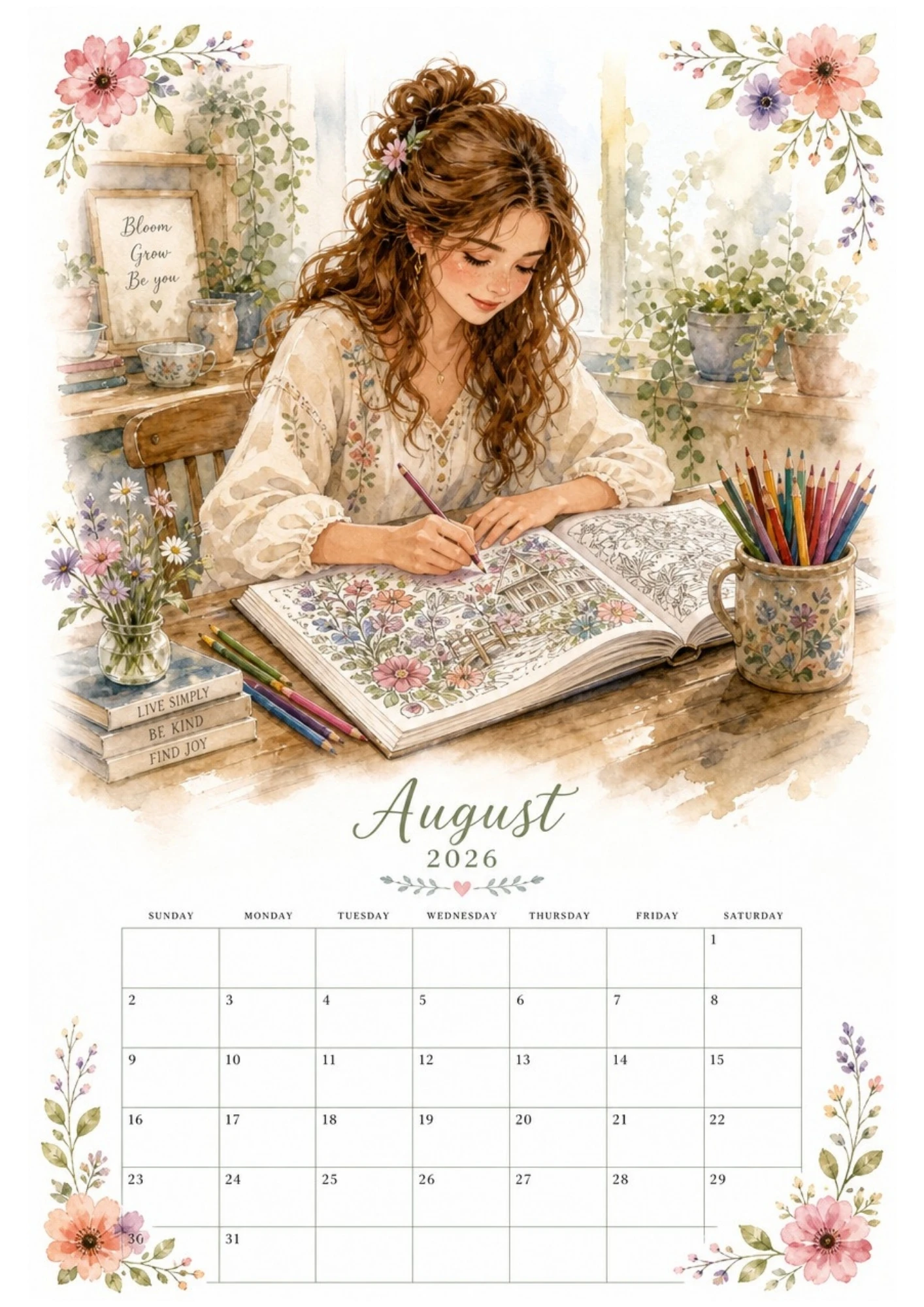 Watercolor illustration of a woman writing in her journal at a wooden desk next to a window with flowers for an August 2026 calendar.