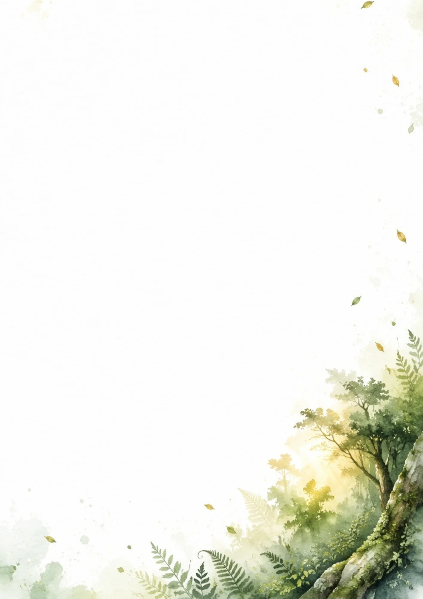 A watercolor forest scene with a moss-covered log, green ferns, and soft sun rays filtering through leafy trees.