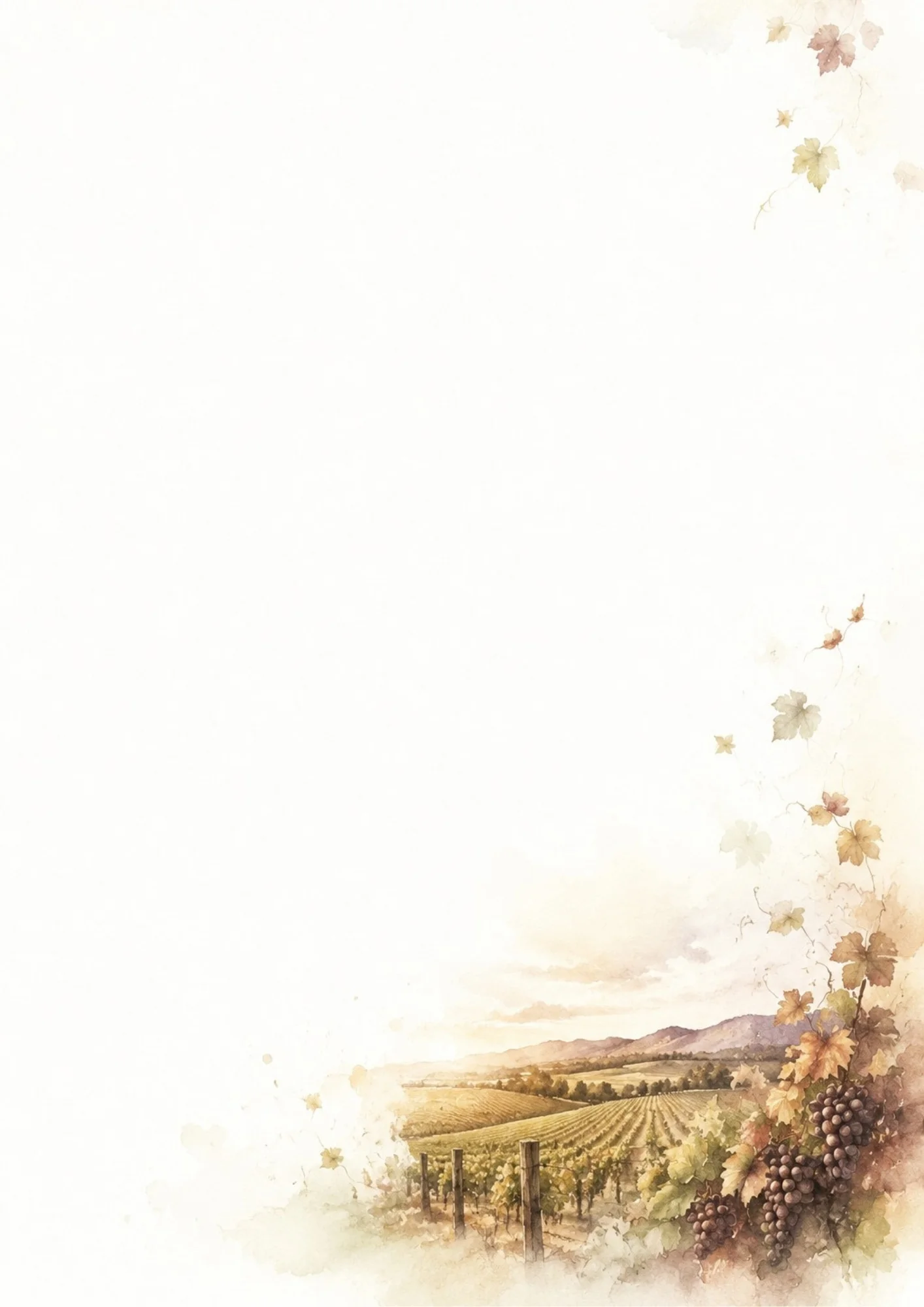 A watercolor view of rolling vineyard hills with rows of grapevines, clusters of purple grapes, and autumn leaves.