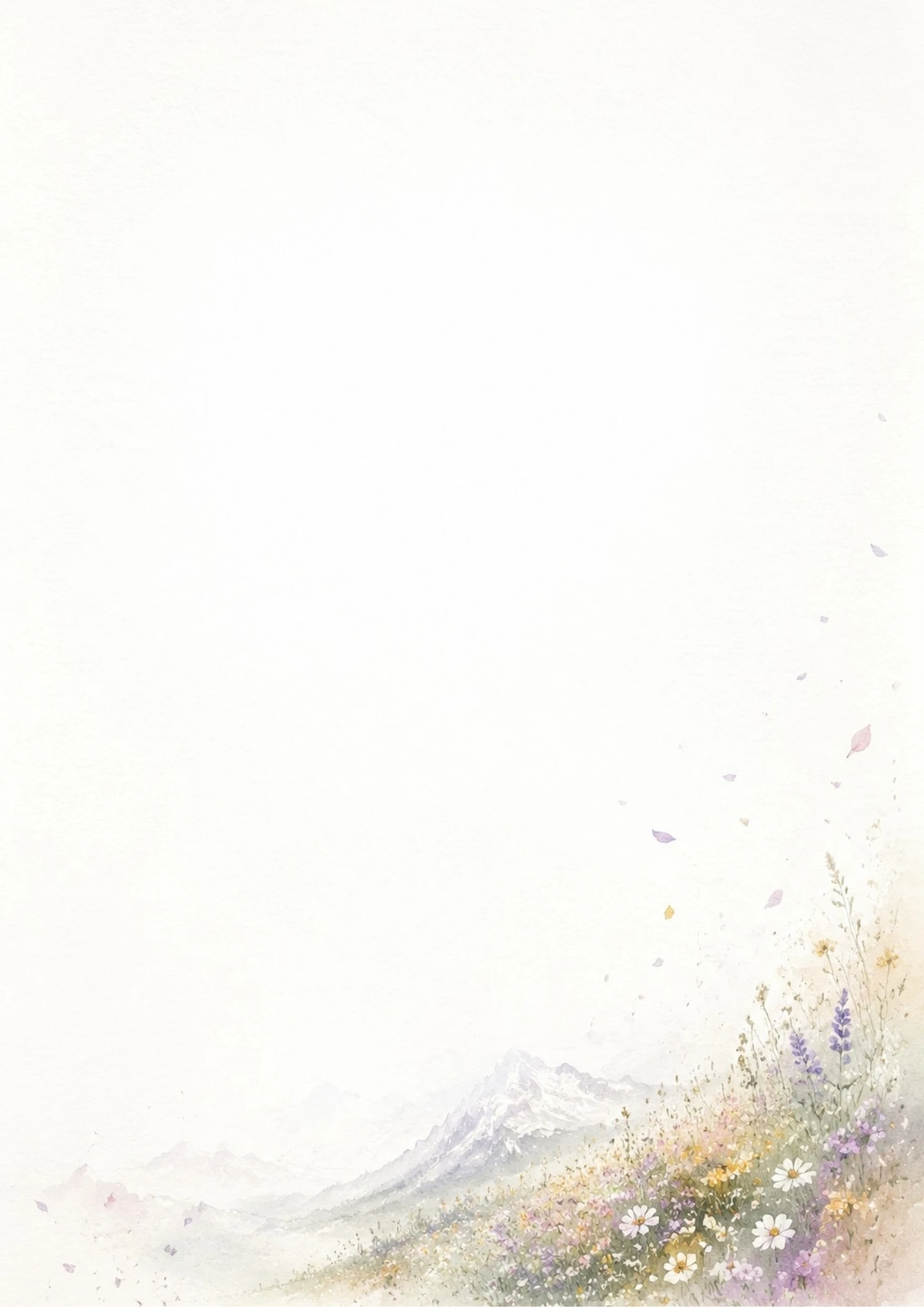 A watercolor scene of a sunny alpine hillside covered in wildflowers with distant snow-capped mountains.
