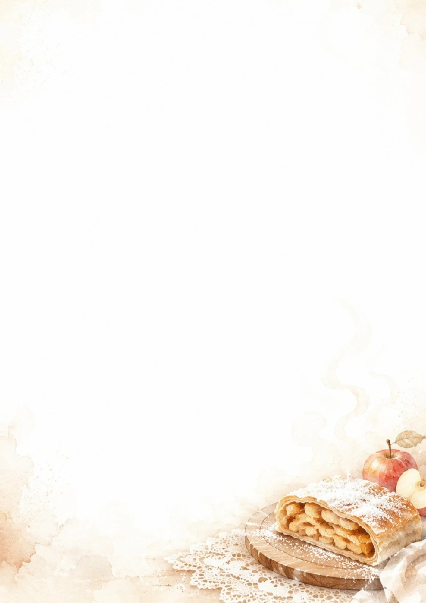 A watercolor painting of a slice of warm apple strudel on a wooden board with a lace doily and fresh red apples.