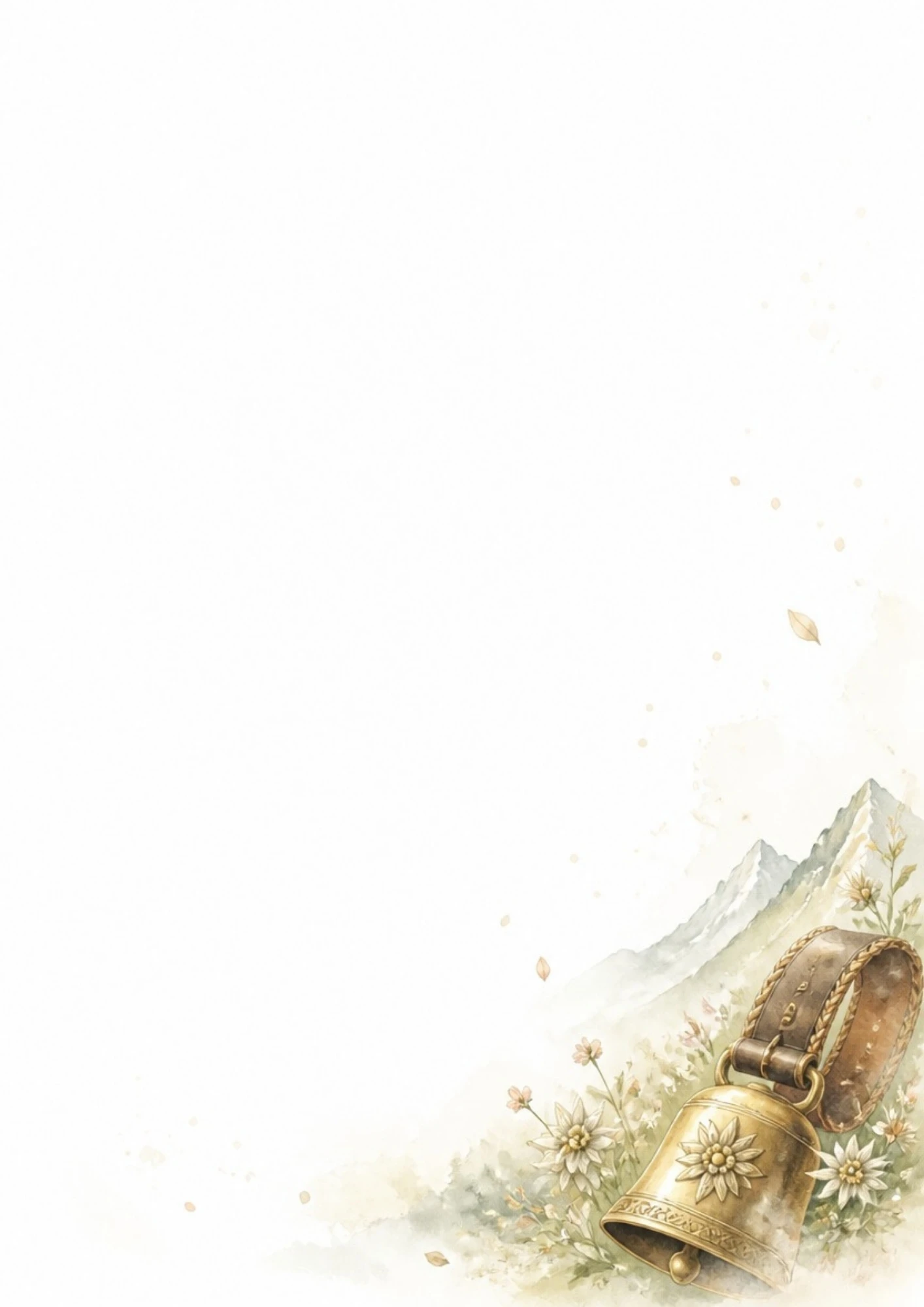 A watercolor showing a brass cowbell engraved with edelweiss lying in a meadow of white edelweiss flowers in front of mountain peaks.