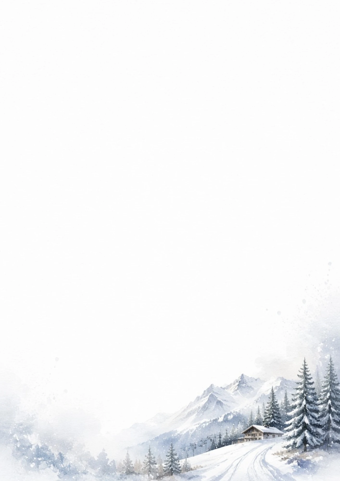 A watercolor painting of a snow-covered ski slope in Austria with a cozy wooden chalet cabin and a ski lift.