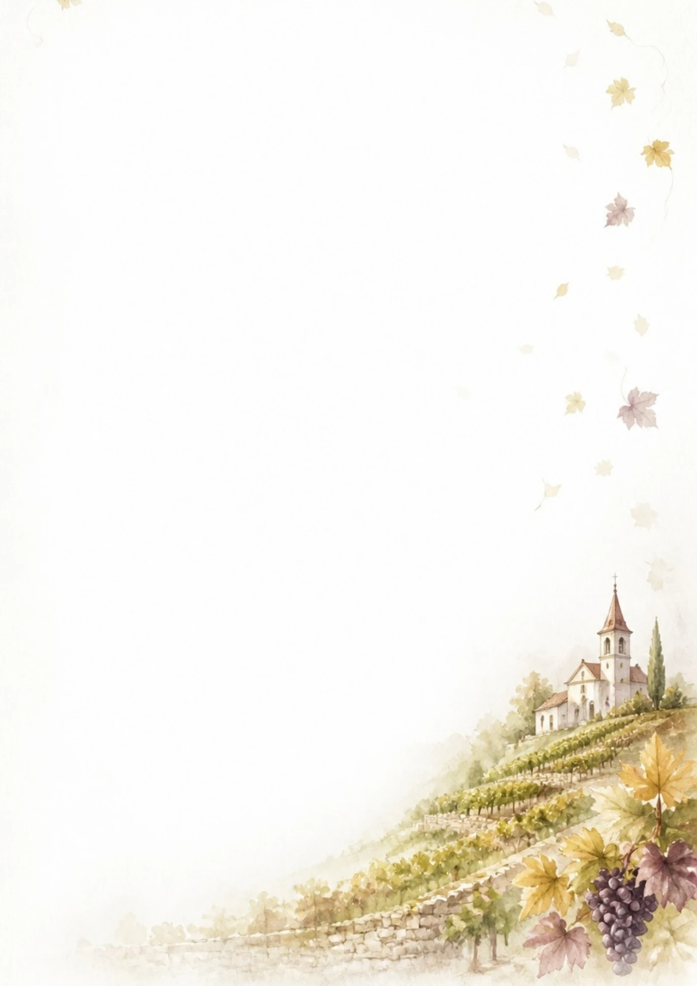 A watercolor showing terraced grapevines on a hill, a white church chapel, and a bunch of purple grapes with autumn leaves.