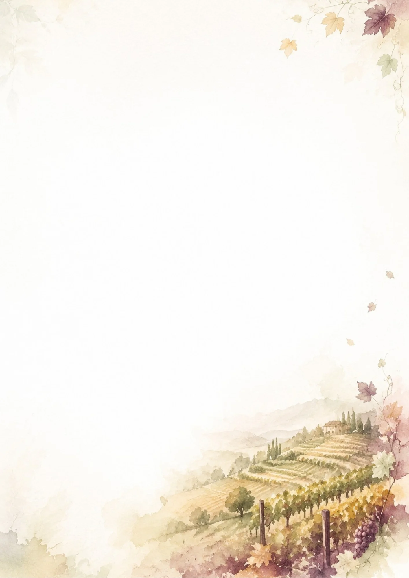 Terraced hills of a vineyard with a small farmhouse in the distance, falling grape leaves, and purple grapes.