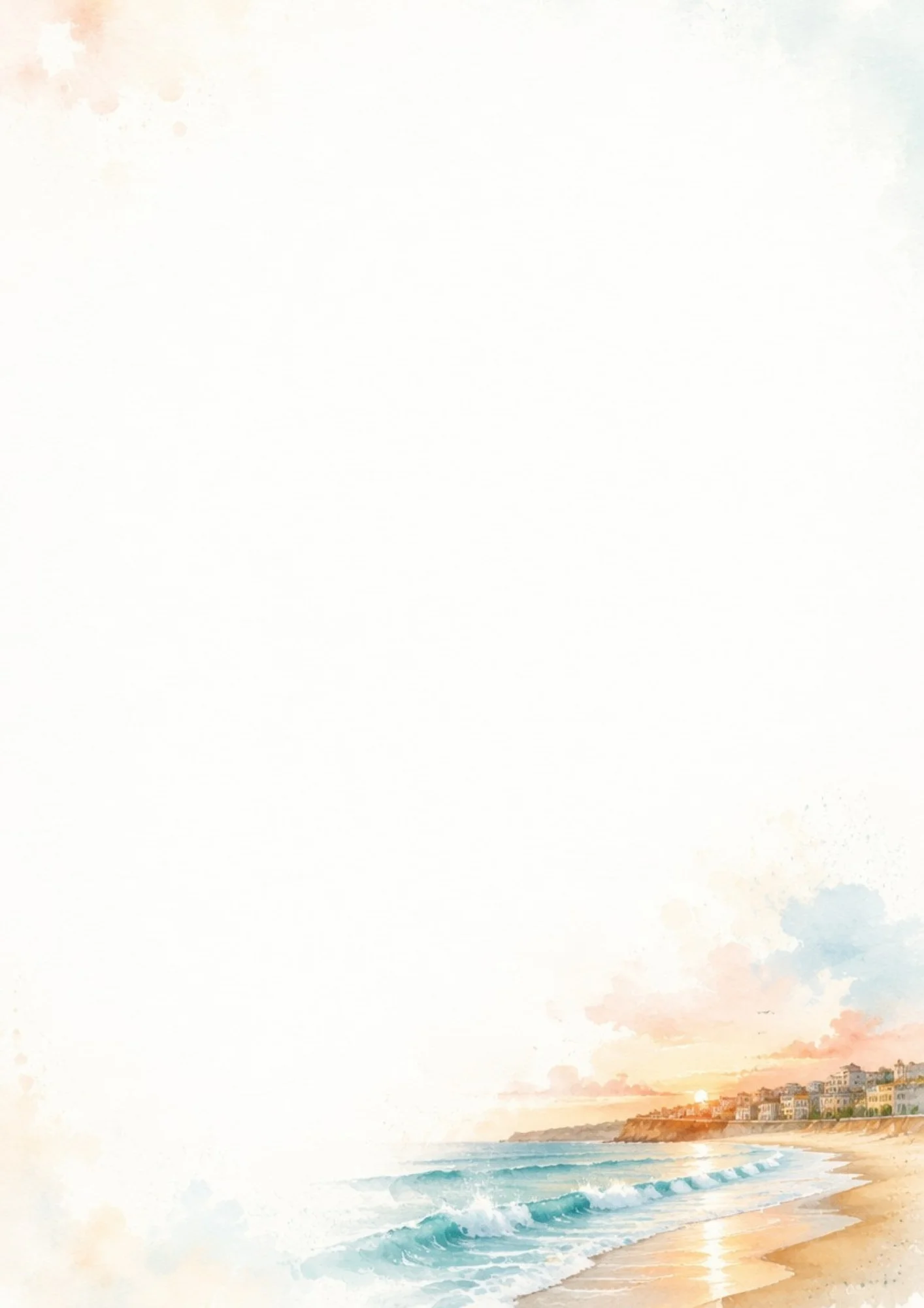 A sandy beach with gentle blue ocean waves and houses sitting on cliffs in the distance under a warm sunset sky.