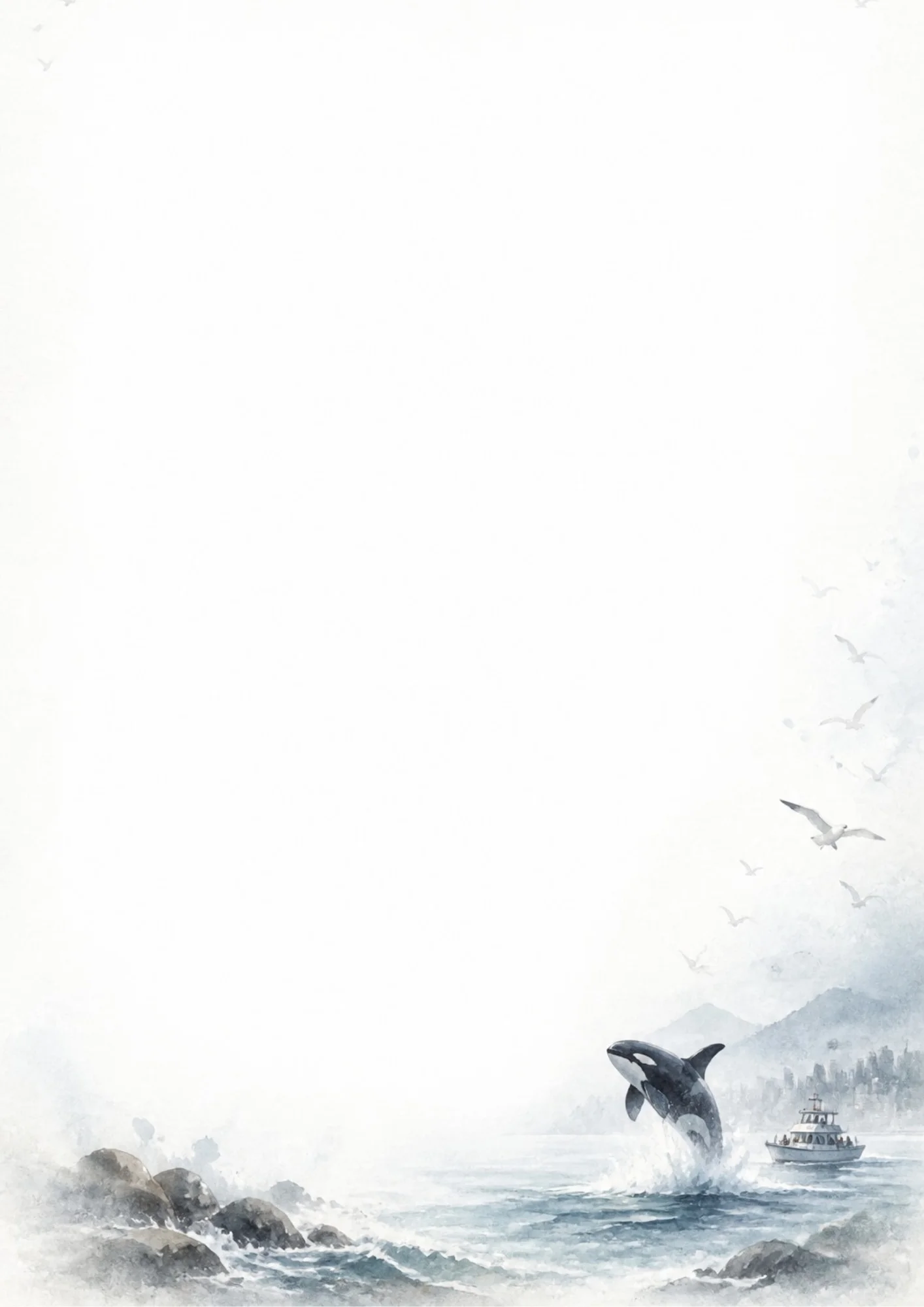 Watercolor digital paper depicting a large black and white killer whale breaching out of the ocean with a big splash, near a whale-watching boat with the misty Vancouver skyline and mountains in the background.