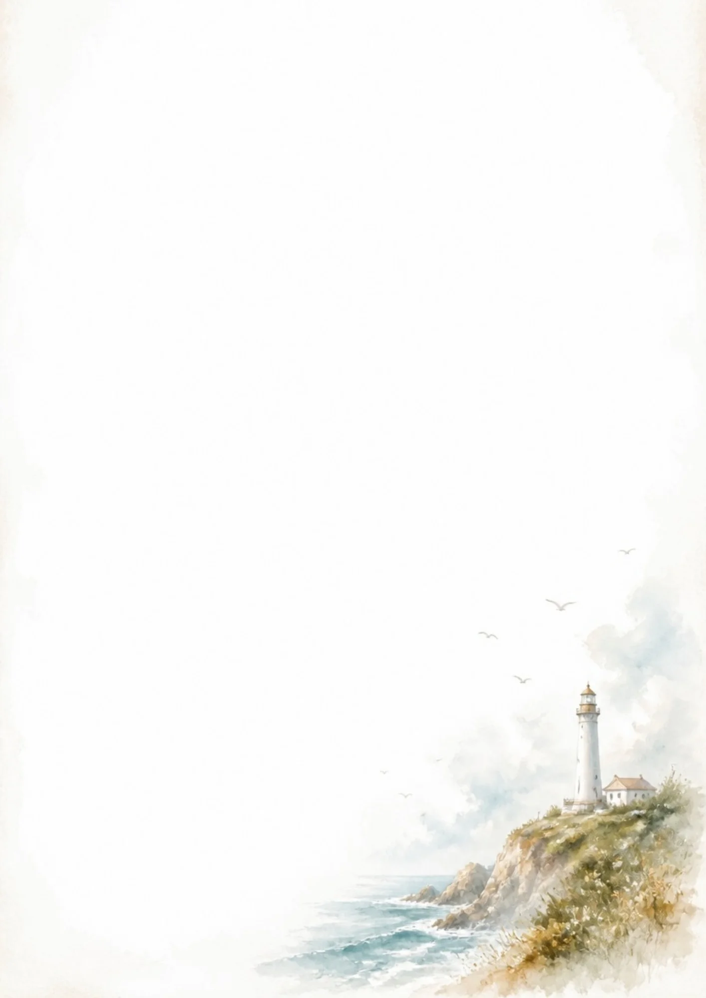 A tall white lighthouse standing on a grassy cliff next to the ocean with a small cottage and flying gulls.