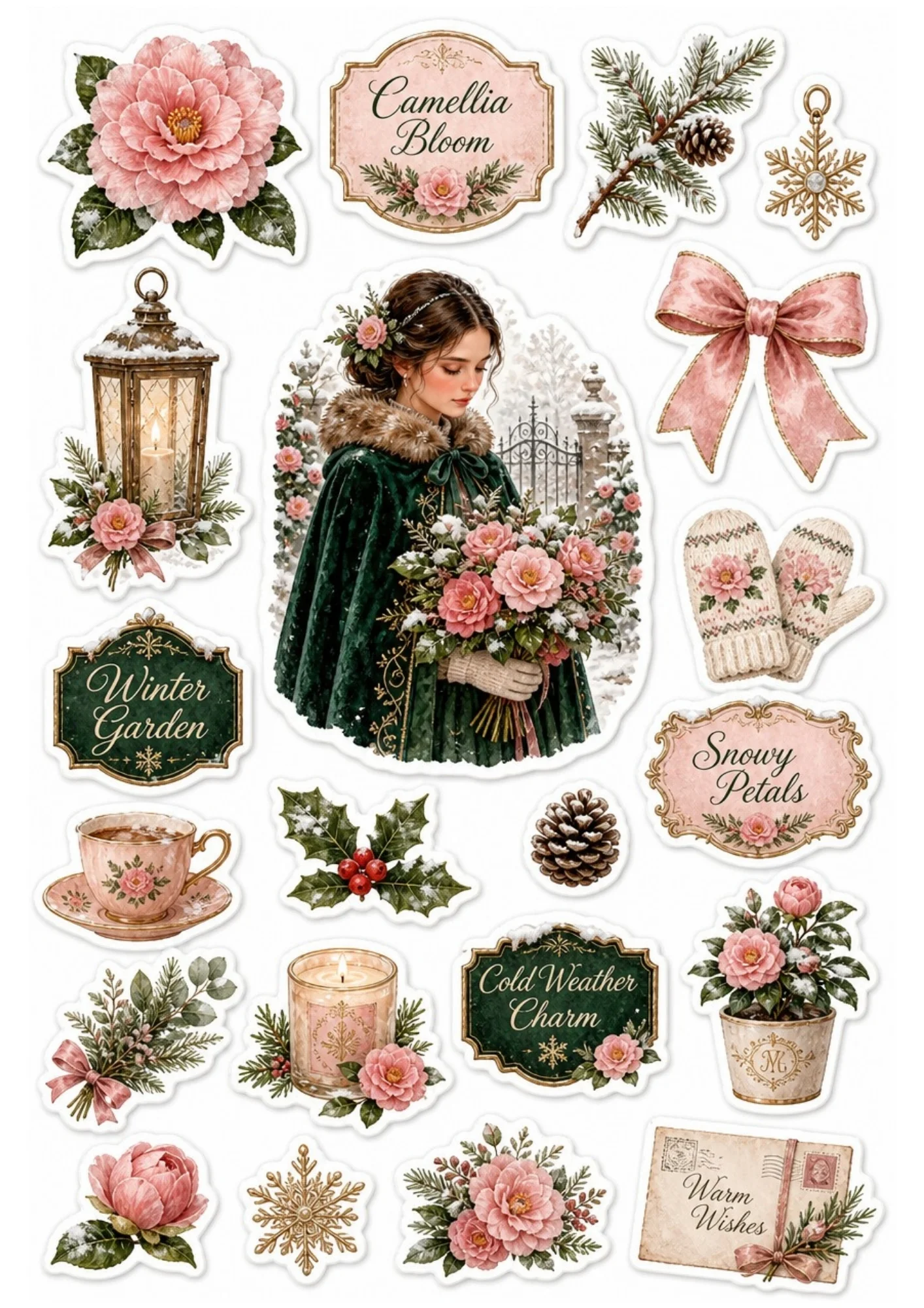 Winter garden sticker sheet featuring a girl in a deep green cloak with a pink camellia bouquet, tea cup, mittens, and a letter