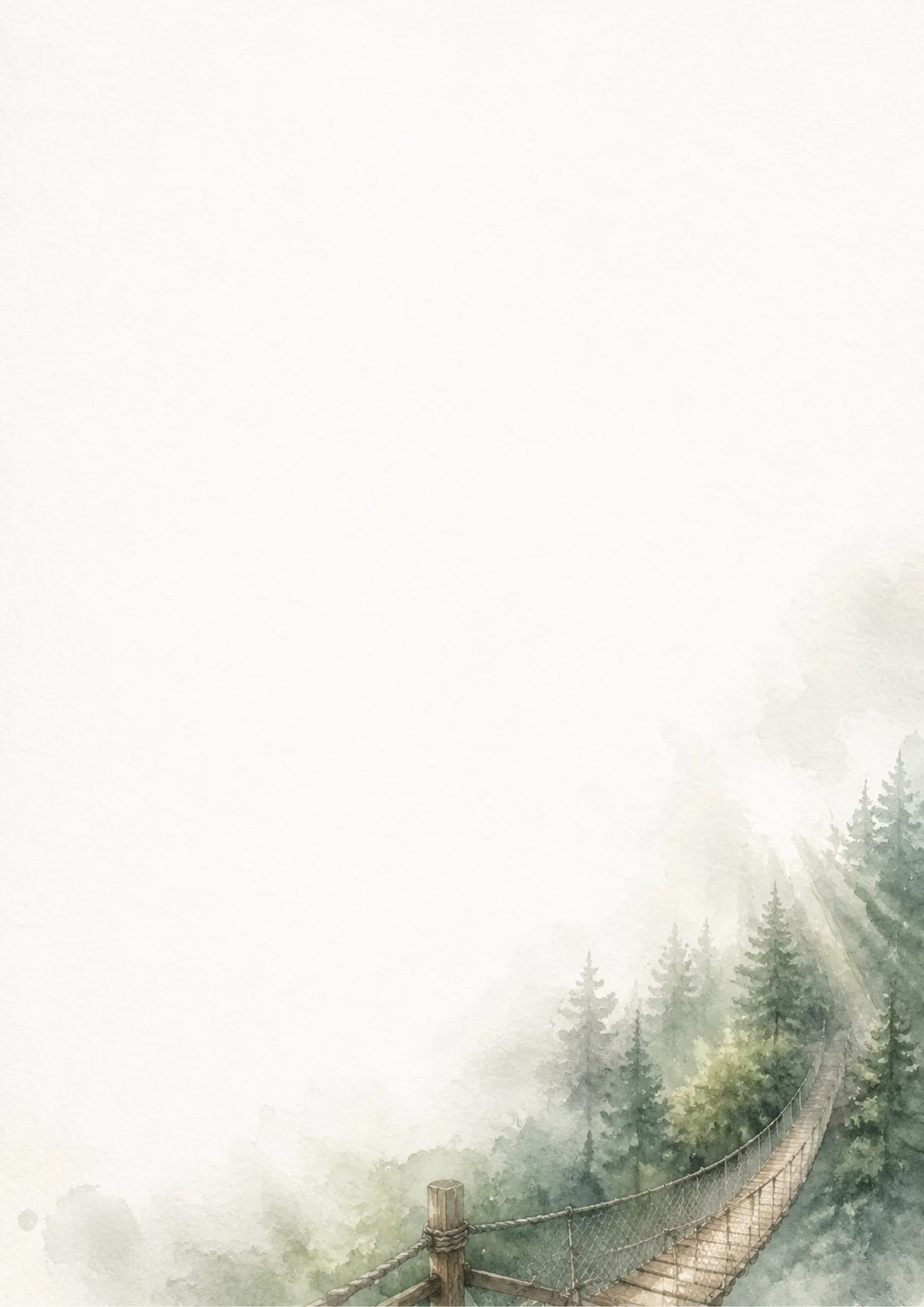 Watercolor digital paper featuring the wooden Capilano Suspension Bridge with rope railings stretching through a misty evergreen forest, with soft rays of sunlight filtering through the trees.