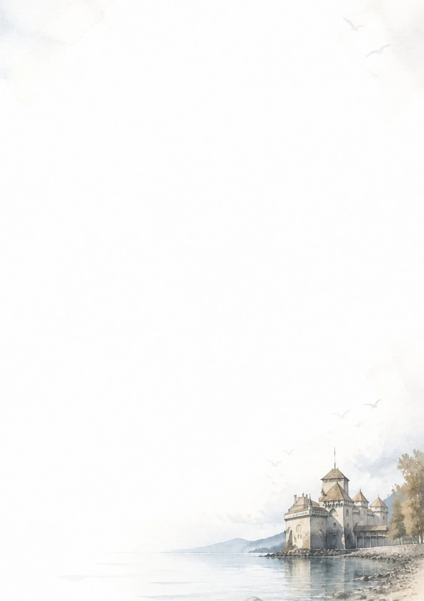 A watercolor painting of Chillon Castle on the edge of Lake Geneva with mountains behind.