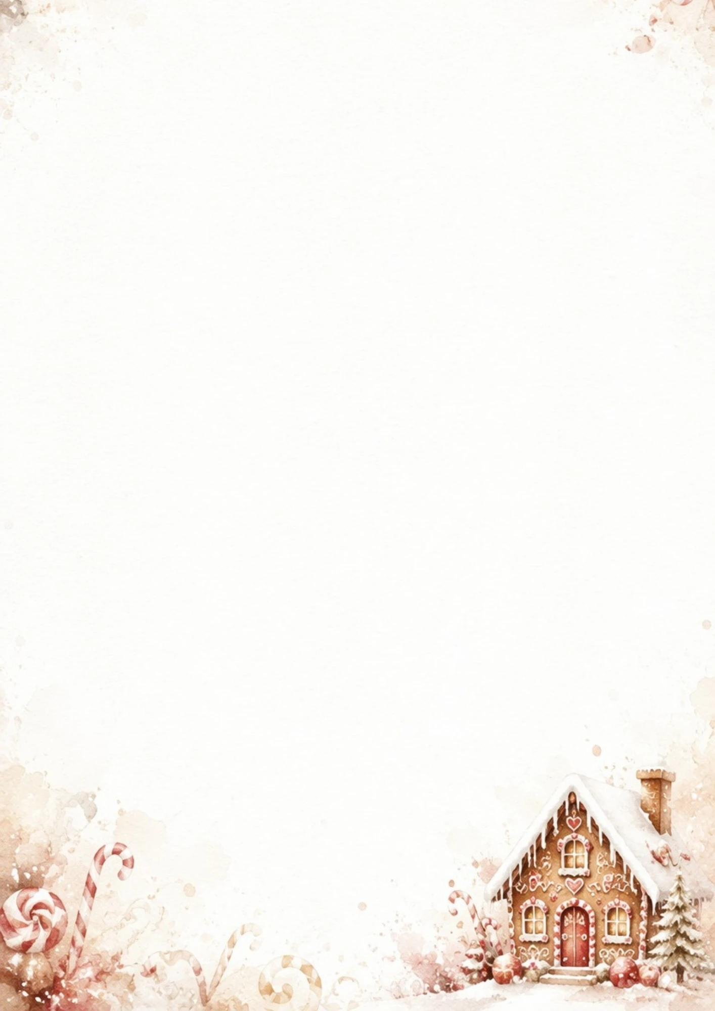 A watercolor depiction of a sweet gingerbread house decorated with icing and candy canes in a snowy backdrop.