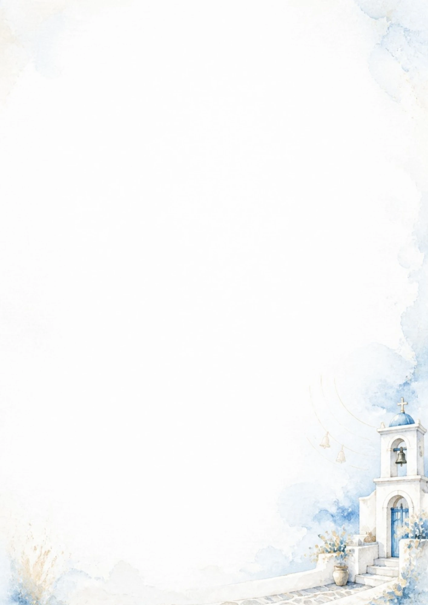 A watercolor painting of a white church bell tower with a blue dome and cross against a blue sky.