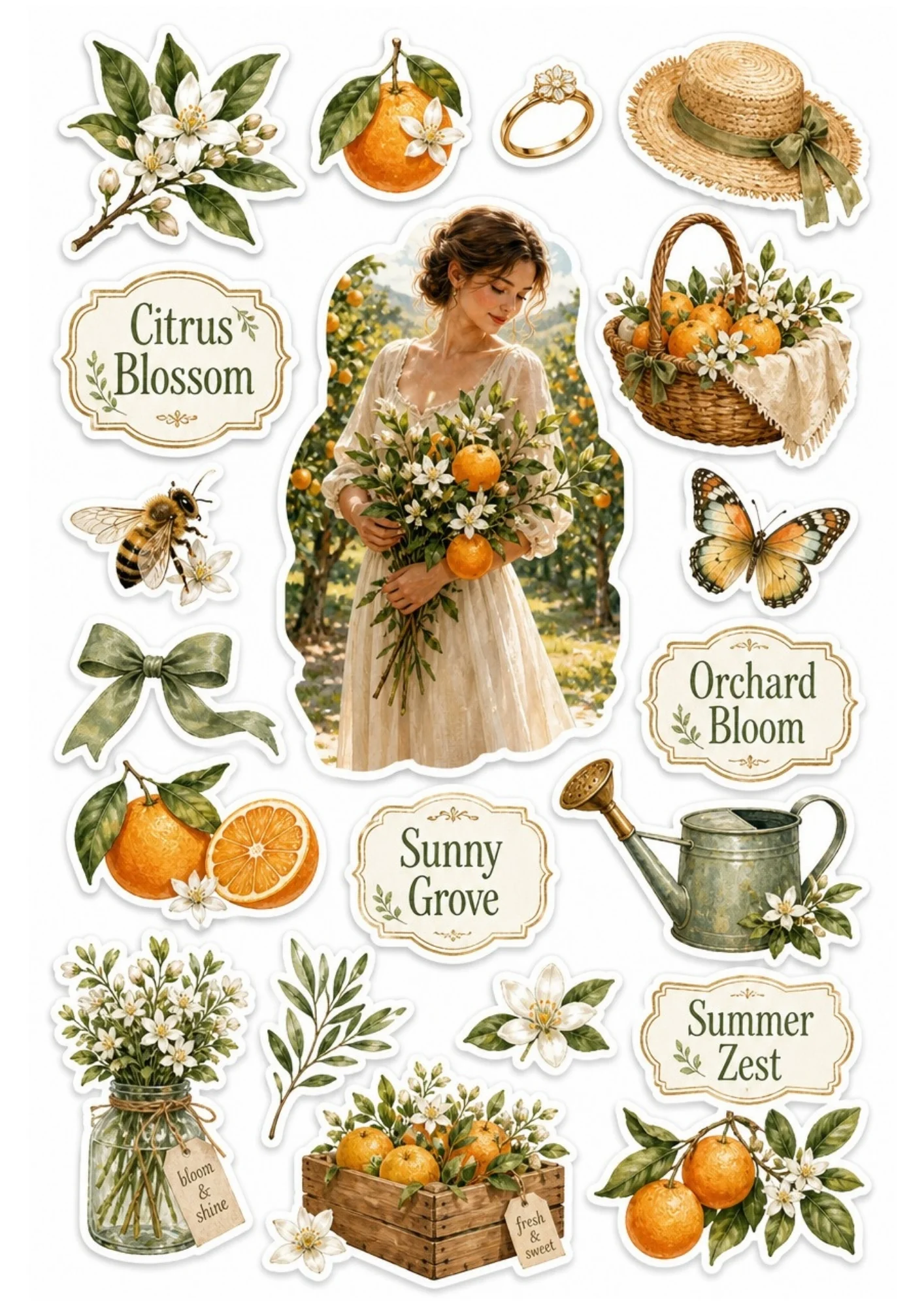 Summer orchard sticker sheet showing a girl holding orange branches, a wooden crate of oranges, a watering can, and orange blossoms