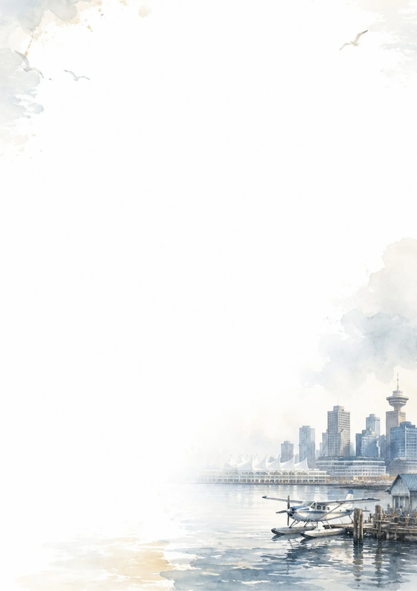 Watercolor digital paper showing a floatplane docked at a wooden pier in Coal Harbour, with the white sails of Canada Place and the downtown Vancouver skyline in the background under flying seagulls.