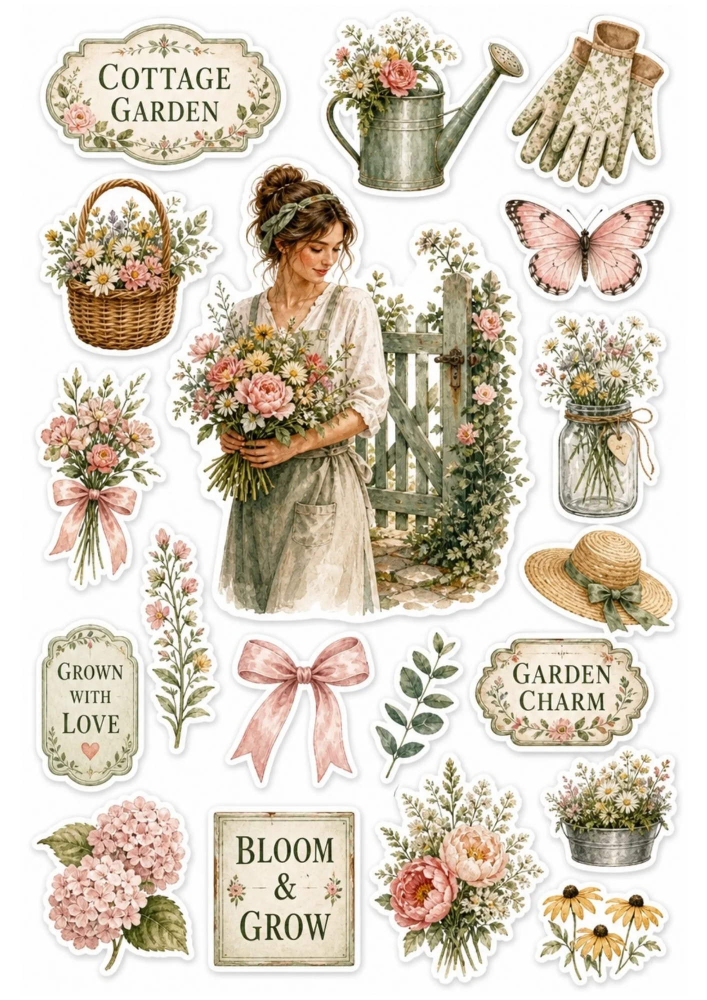Spring sticker sheet with a girl in a green apron holding a cottage garden bouquet, a butterfly, a watering can, and gardening gloves