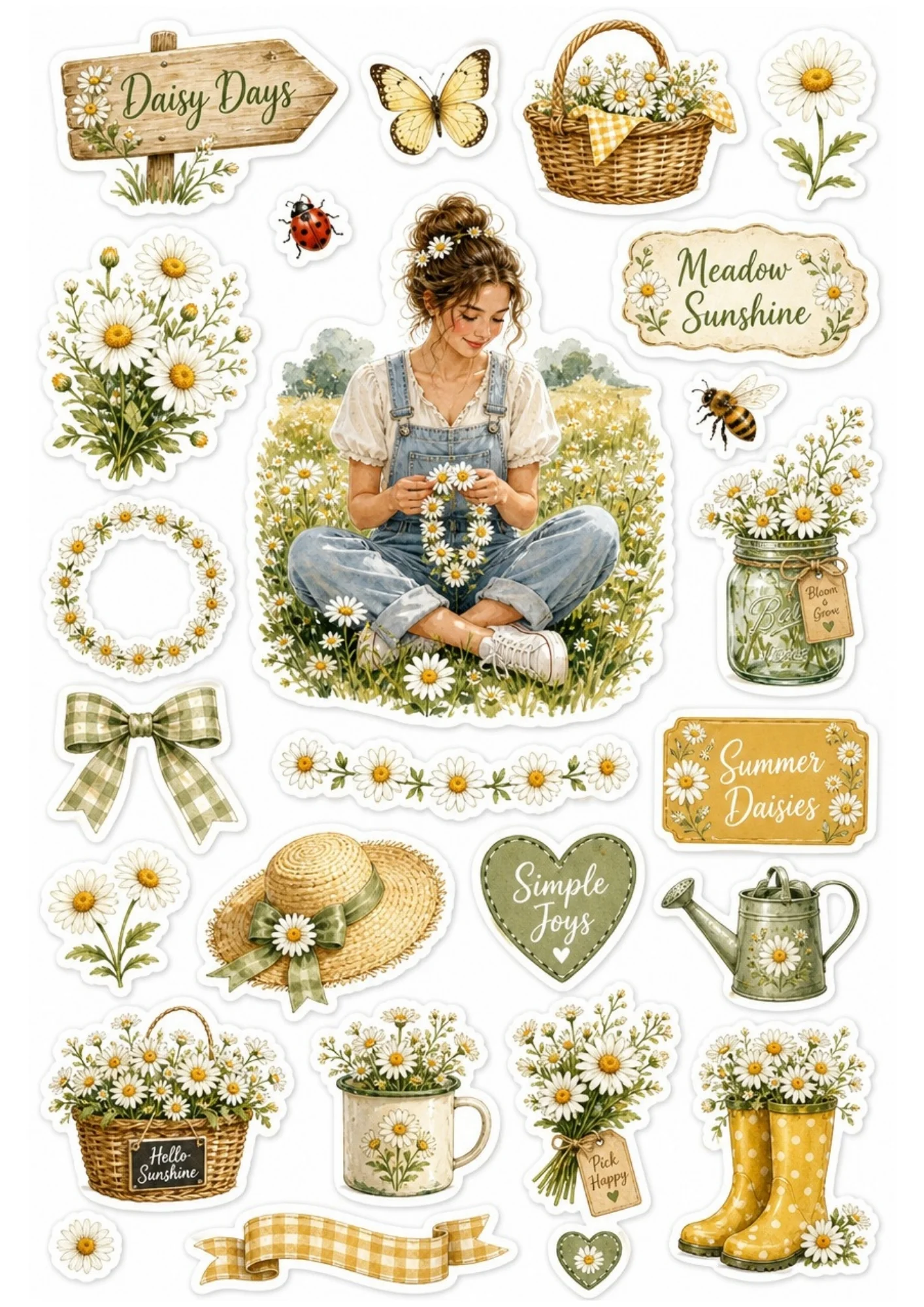 Summer daisy sticker sheet featuring a girl sitting in a field weaving a daisy chain, yellow rain boots, and baskets of white daisies