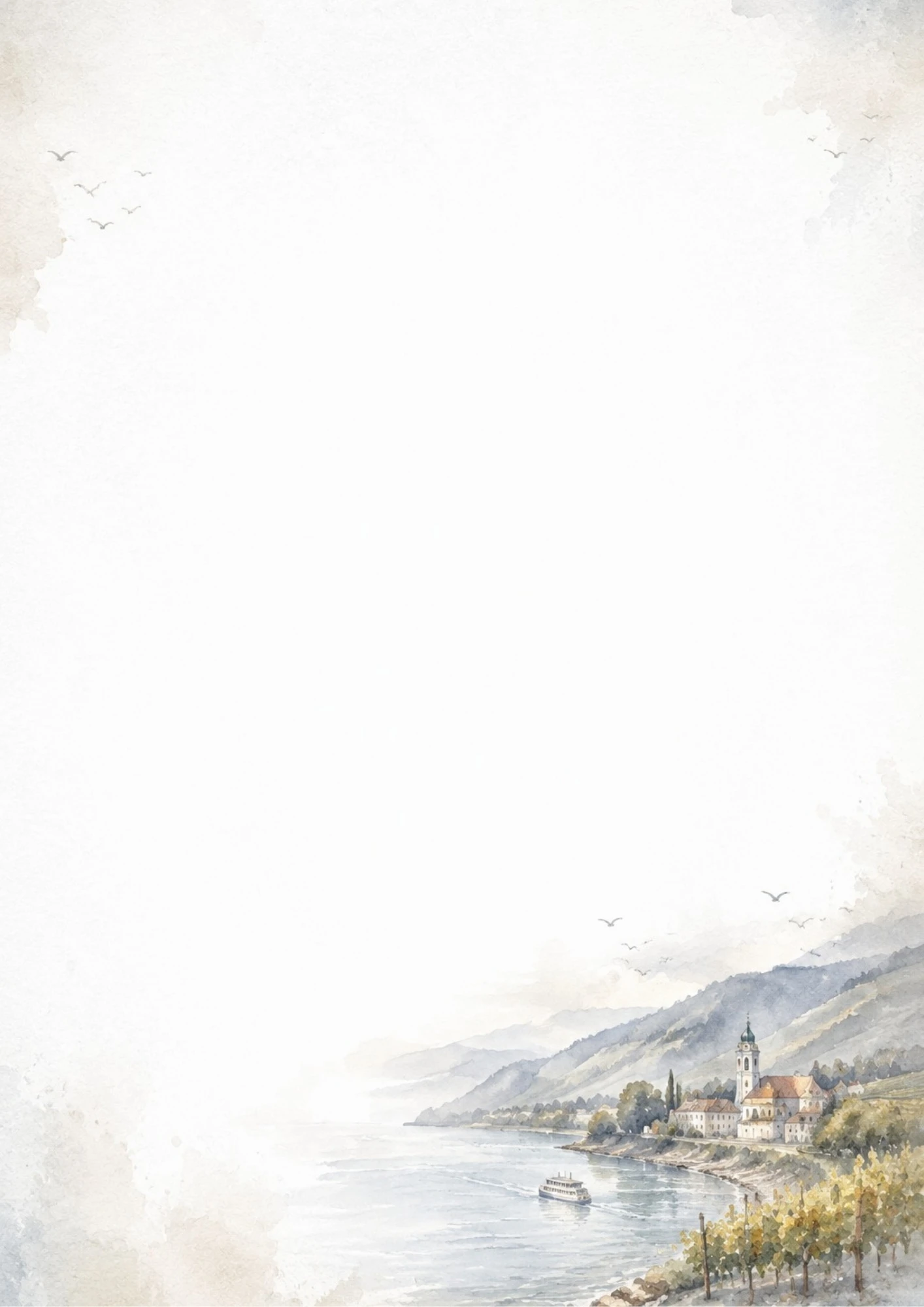 A watercolor illustration of a cruise boat on the Danube River passing by a riverside village and hillside vineyards.